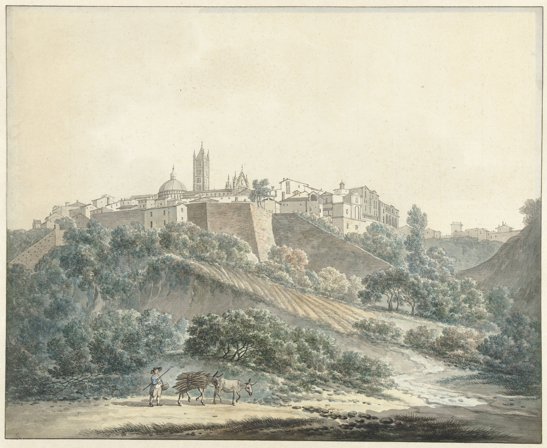 Landscape of Siena by Daniël Dupré, oil painting showcasing sunlight on architecture.