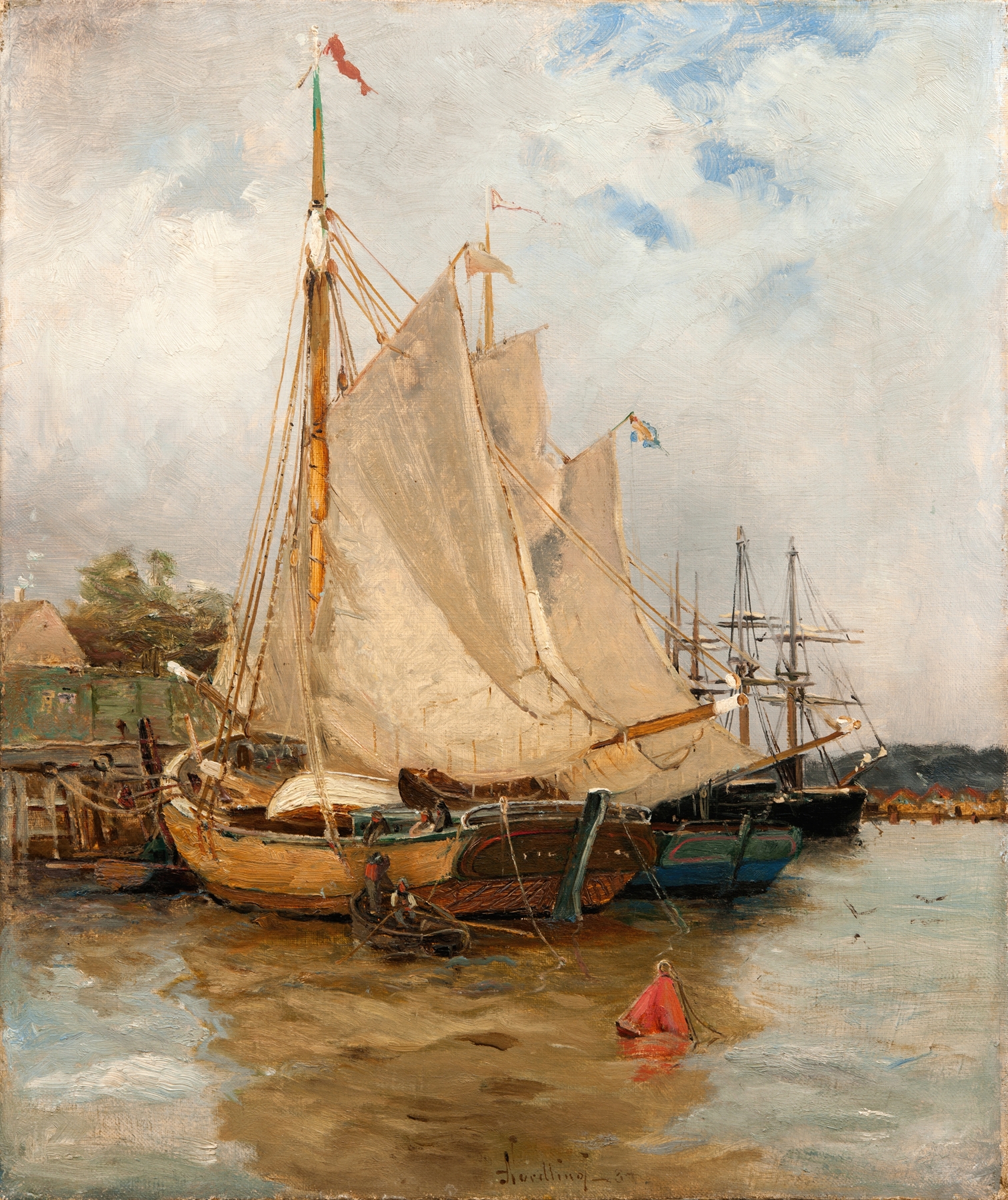 Marine scene with crashing waves and a boat by Adolf Fredrik Nordling, oil painting