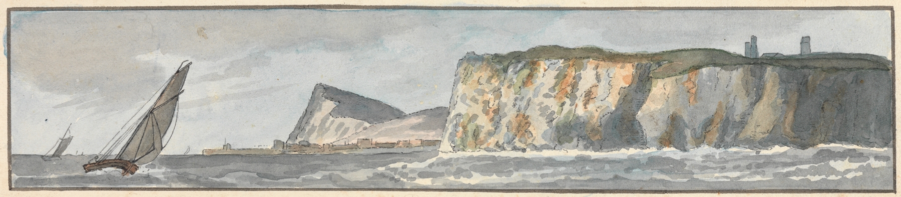 Landscape oil painting by John Thomas Serres depicting cliffs and sea under a soft sky.