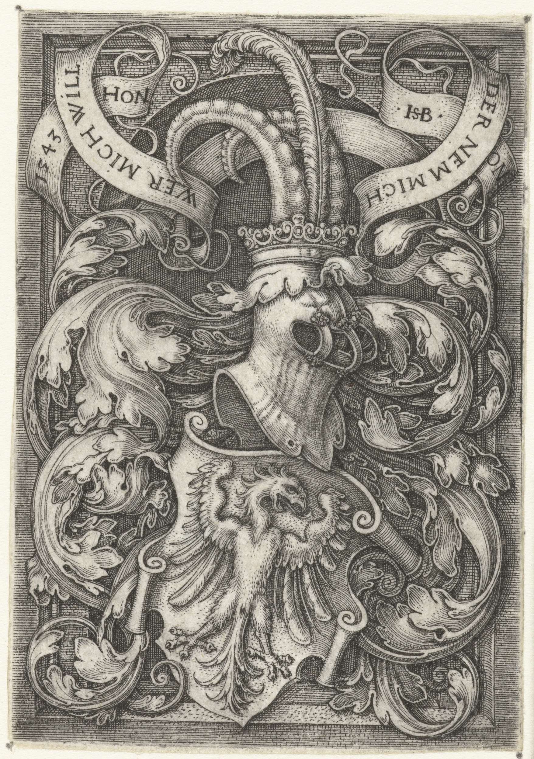 Engraving by Hans Sebald Beham depicting a rooster on a heraldic shield