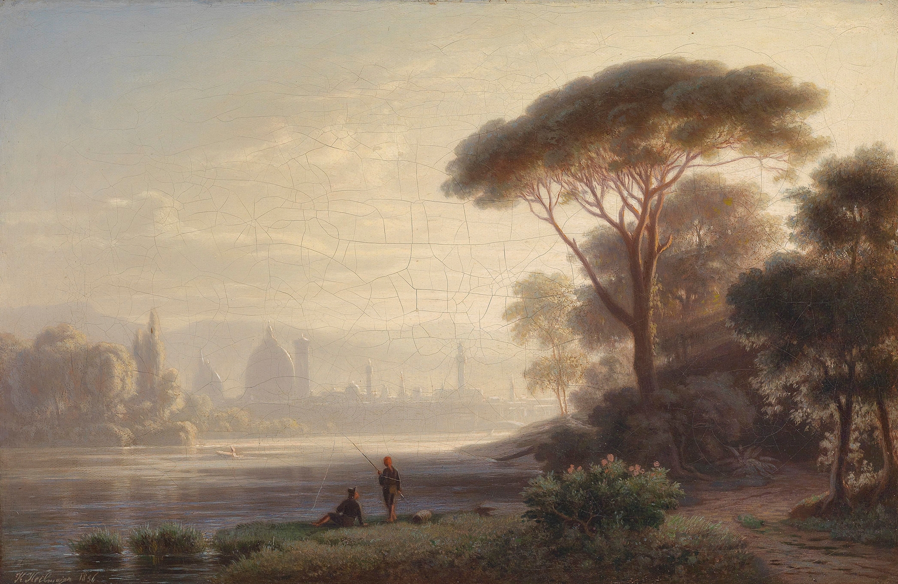 Landscape oil painting by Karl Heilmayer depicting dawn in Florence with architecture and greenery.