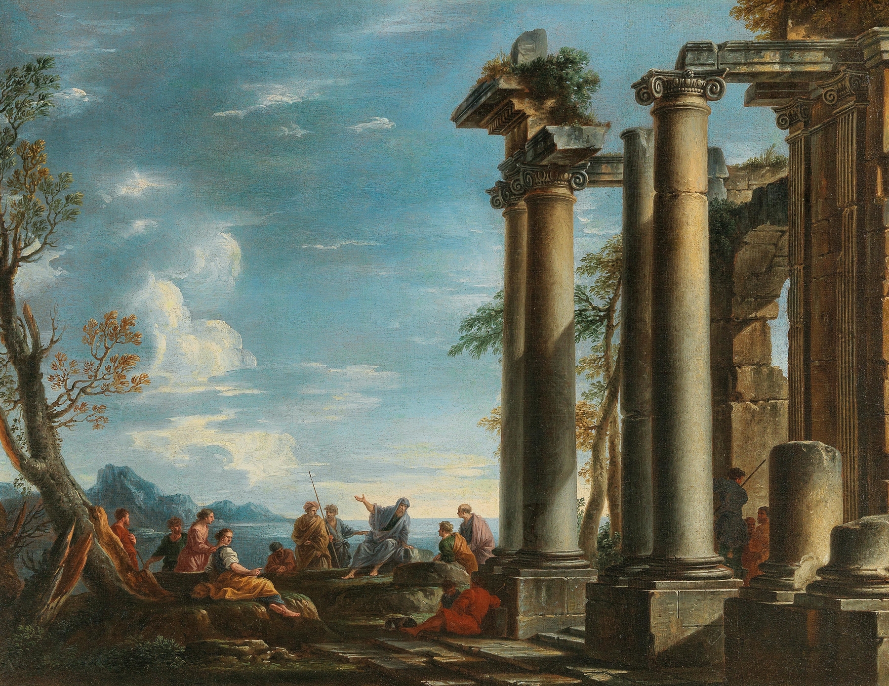 Coastal landscape with figures and ruins by Giovanni Ghisolfi, oil painting