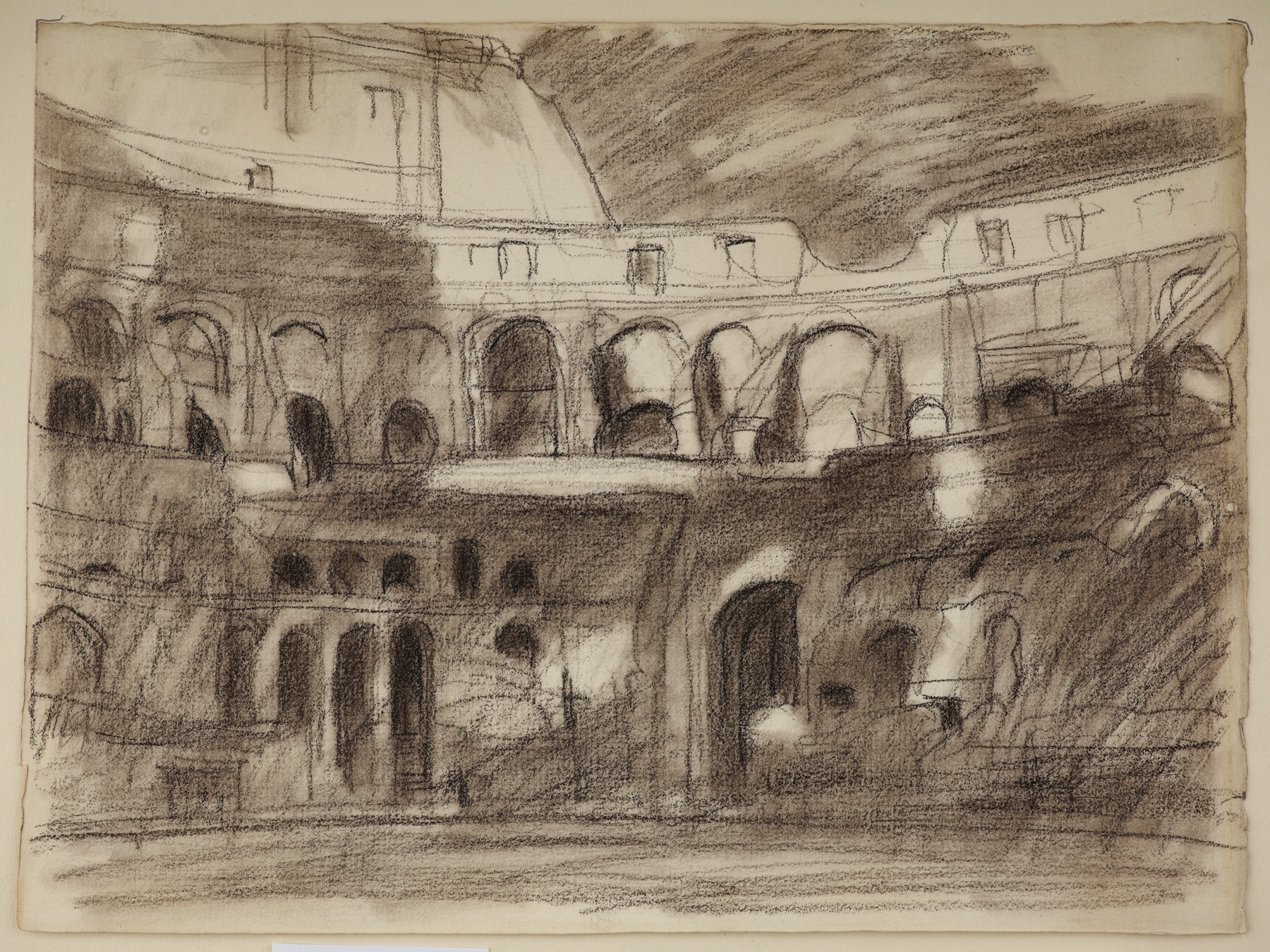 Interior of the Colosseum by Wojciech Weiss, oil painting depicting crumbling arches and muted colors.