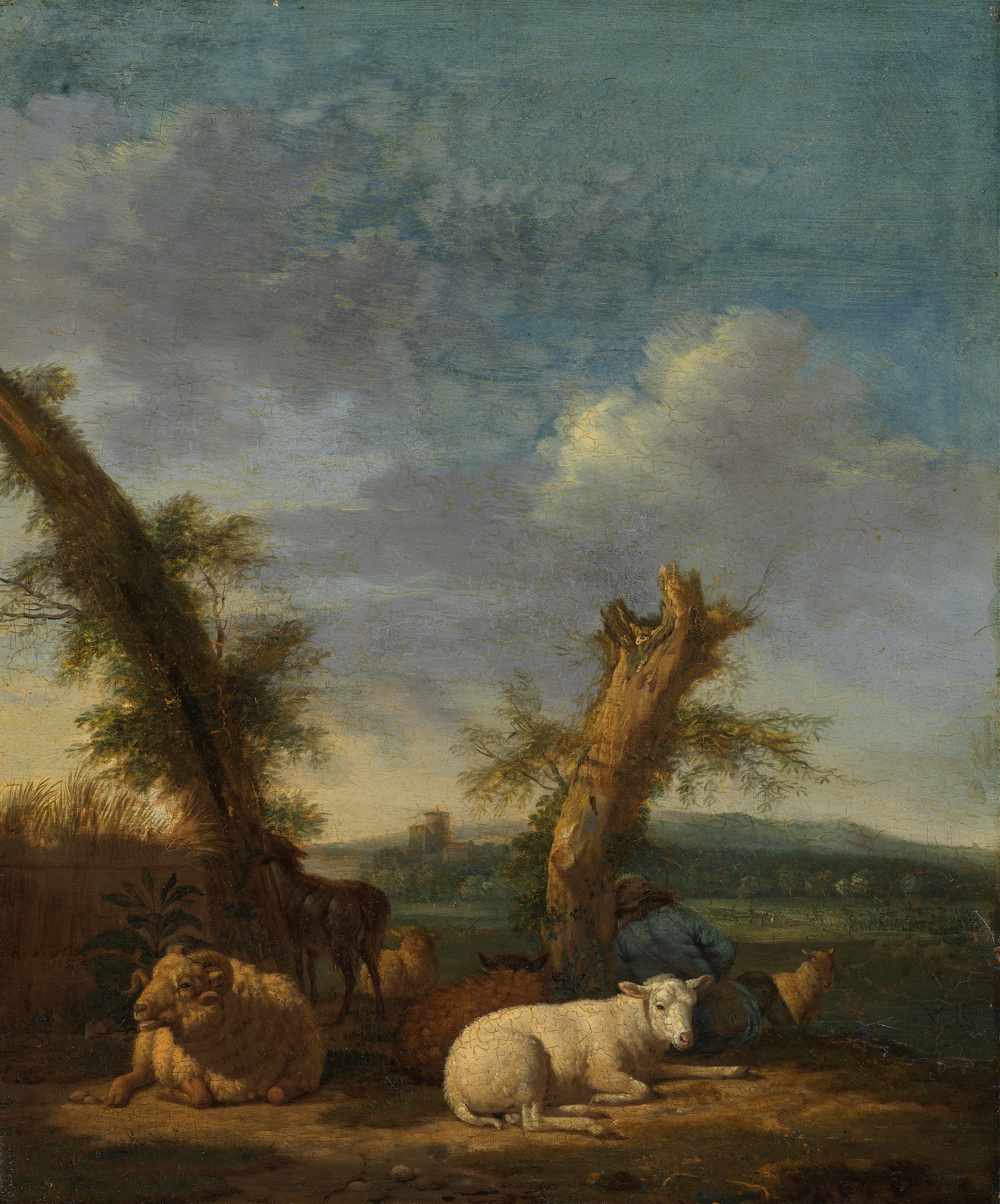 Landscape with Sheep and a Sleeping Shepherd, by Adriaen van de Velde, public domain