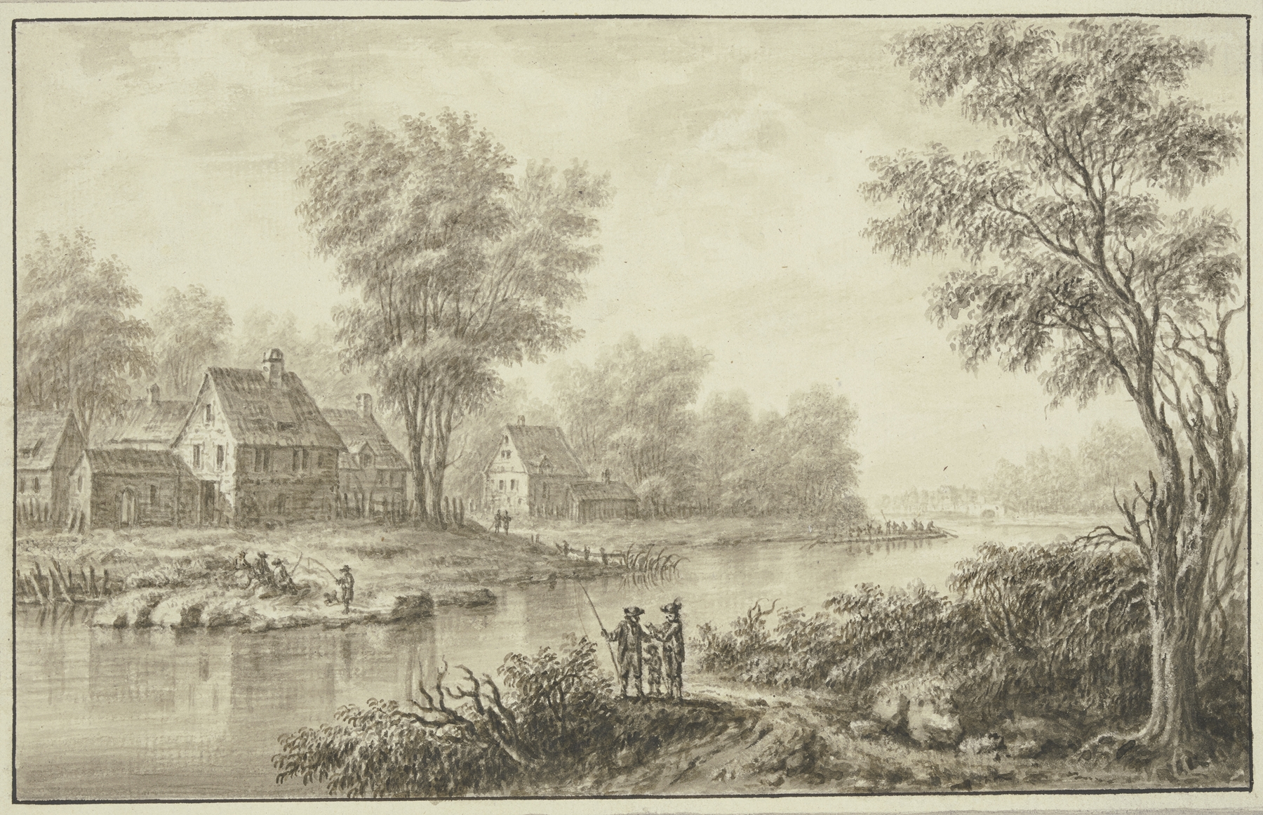 Landscape with a river, anglers, and a village, oil painting by Johann Caspar Zehender