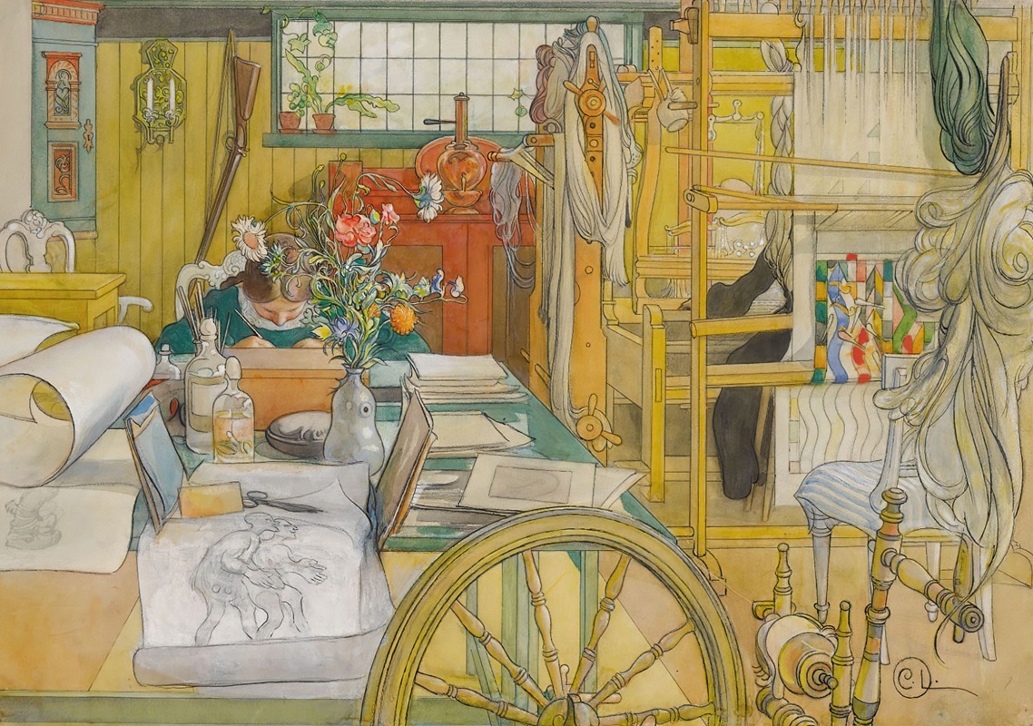 Carl Larsson's 'Verkstaden' captures a serene workshop scene filled with light and creativity.