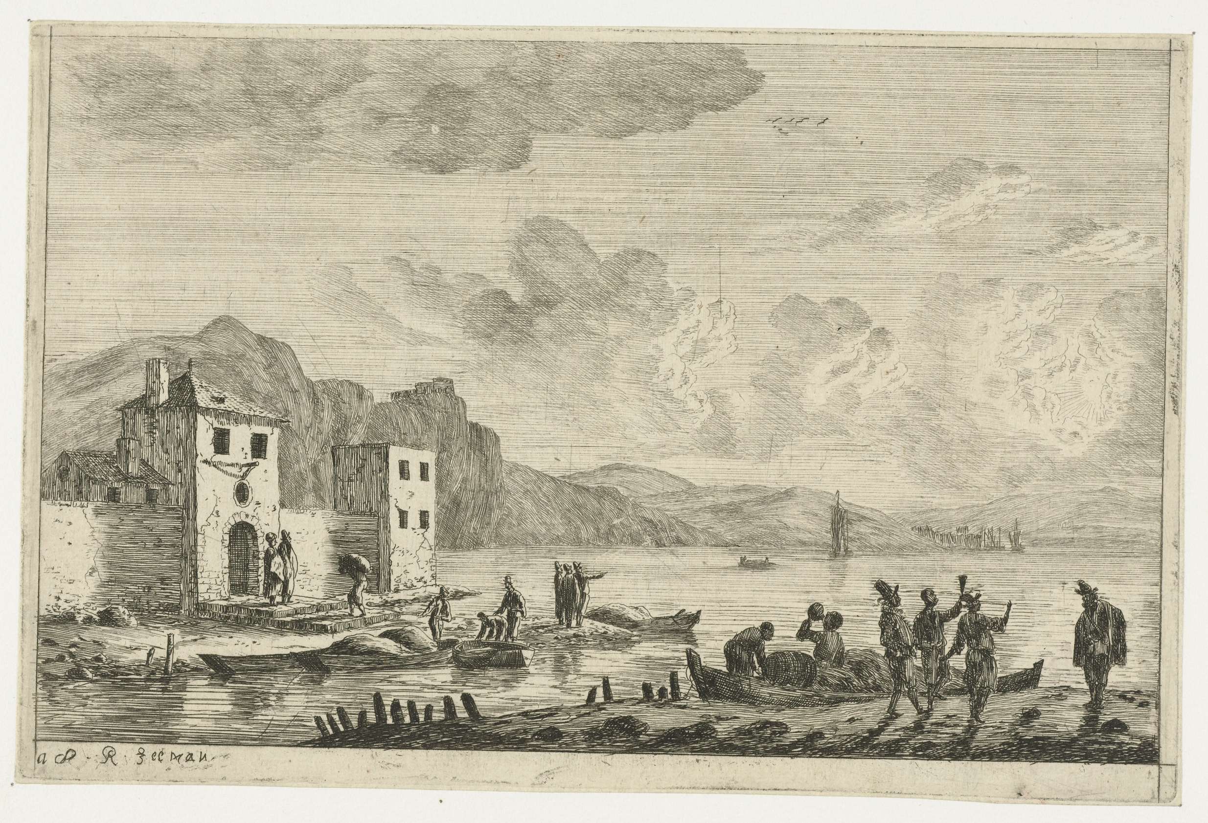 Havenscène met gebouwen op de kade etching by Reinier Nooms depicting ships and buildings by the water