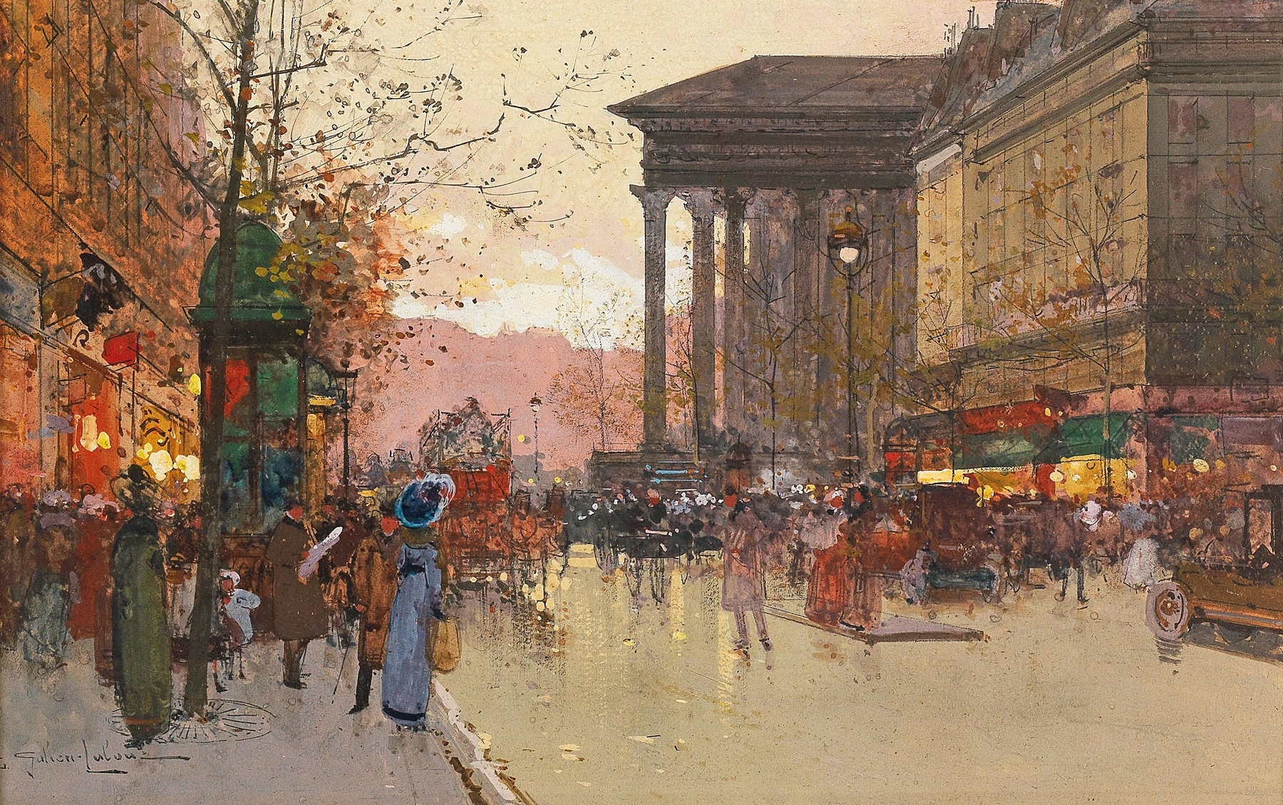 Oil painting of the Boulevard de la Madeleine in Paris at twilight by Eugène Galien-Laloue
