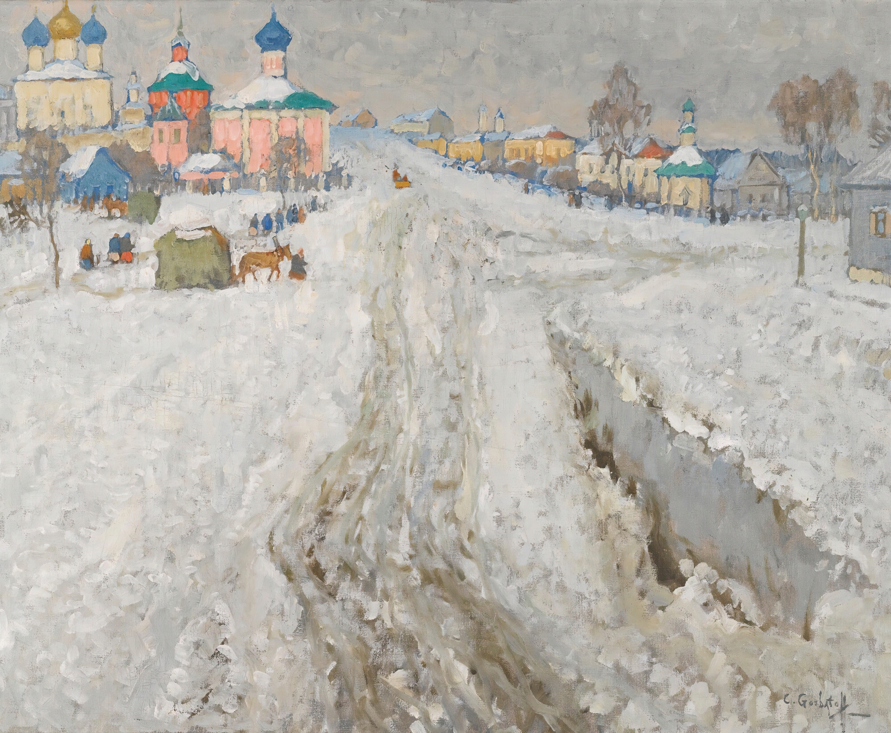 Russian Town Under The Snow, oil on canvas by Konstantin Ivanovich Gorbatov