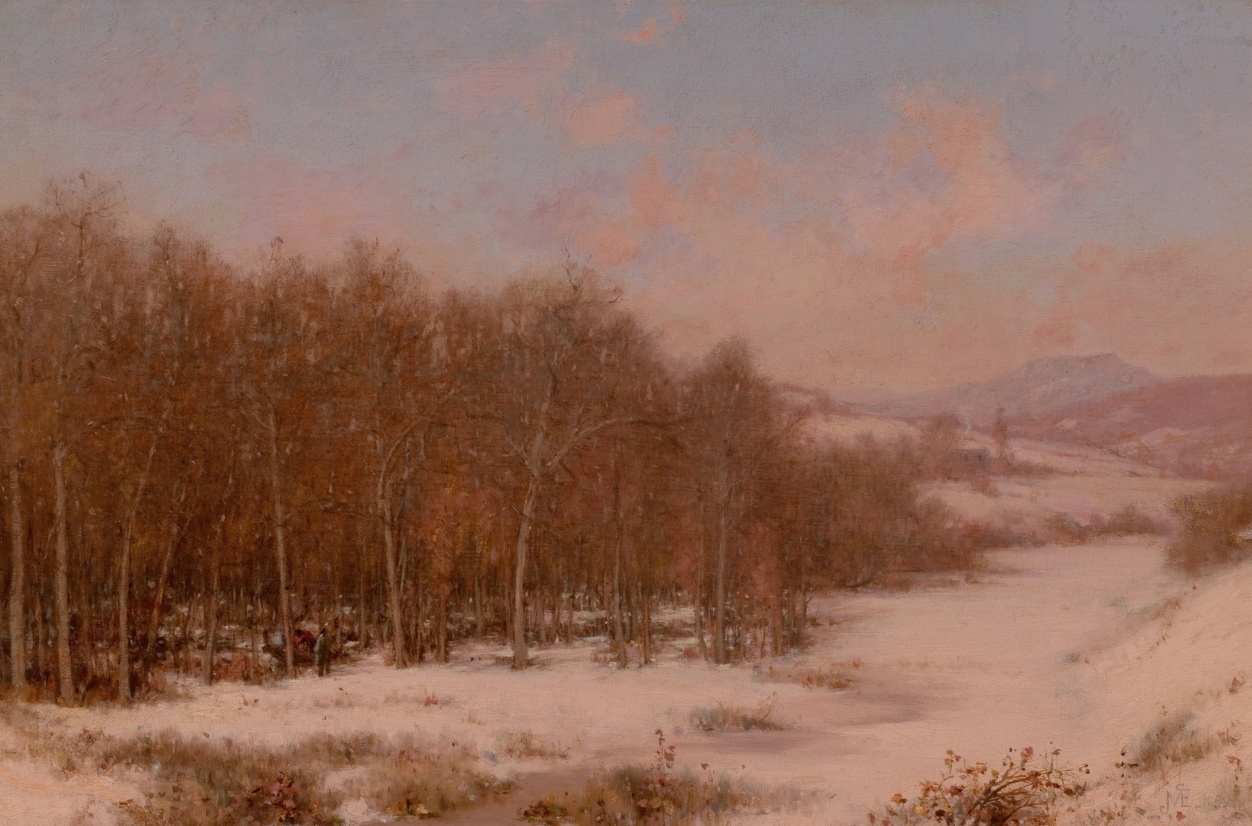 A Winter Camp by Jervis McEntee, oil painting depicting a winter landscape with a camp.