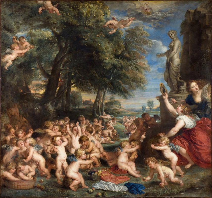 A vibrant depiction of Venus surrounded by figures in a lush setting.