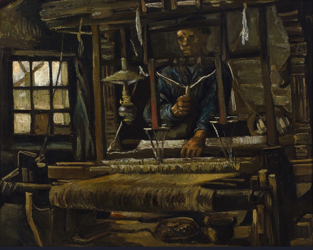 A weaver works inside a cozy cottage, surrounded by various textiles and tools.