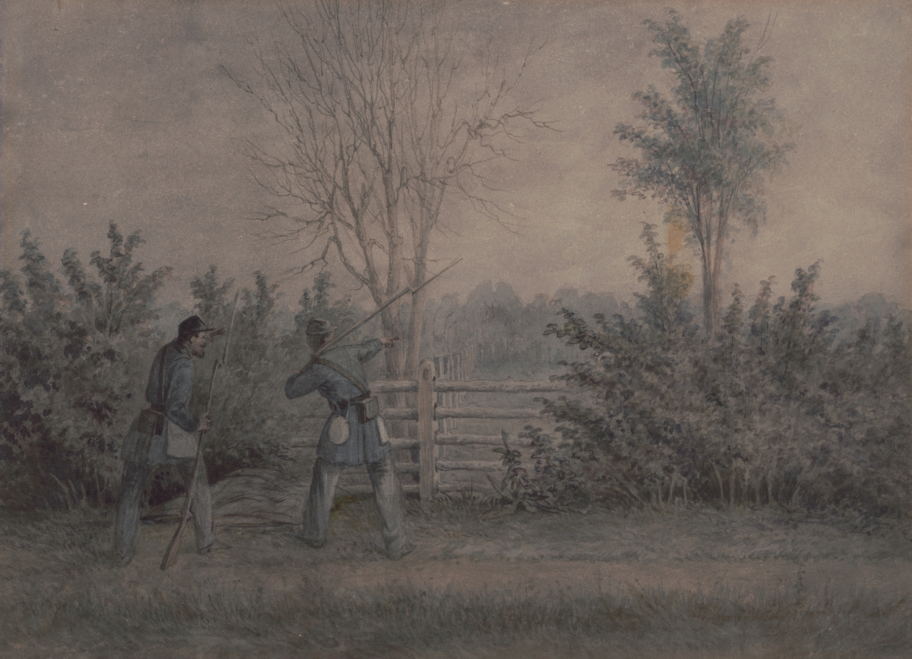 Historical drawing of soldiers on picket duty by James Fuller Queen