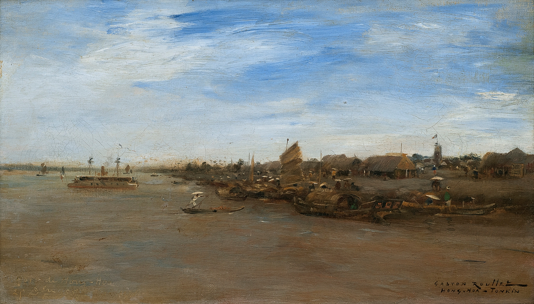 Oil painting of Port de Hong-Hoa by Gaston Roullet depicting boats on shimmering water
