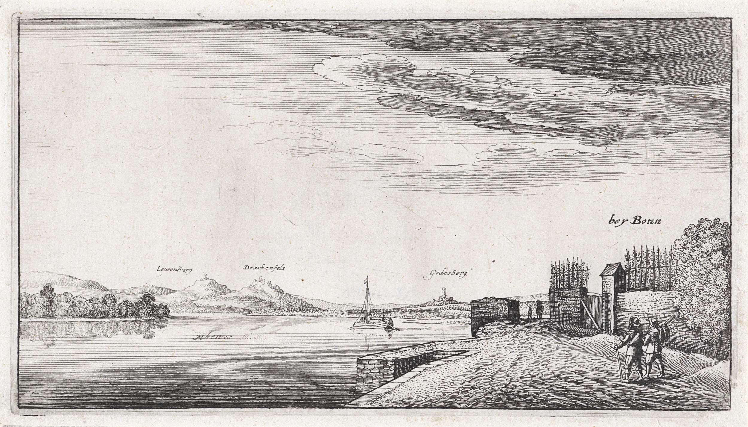 Landschap met gezicht op de Rijn bij Bonn, etching by Wenceslaus Hollar, featuring a river and misty hills.