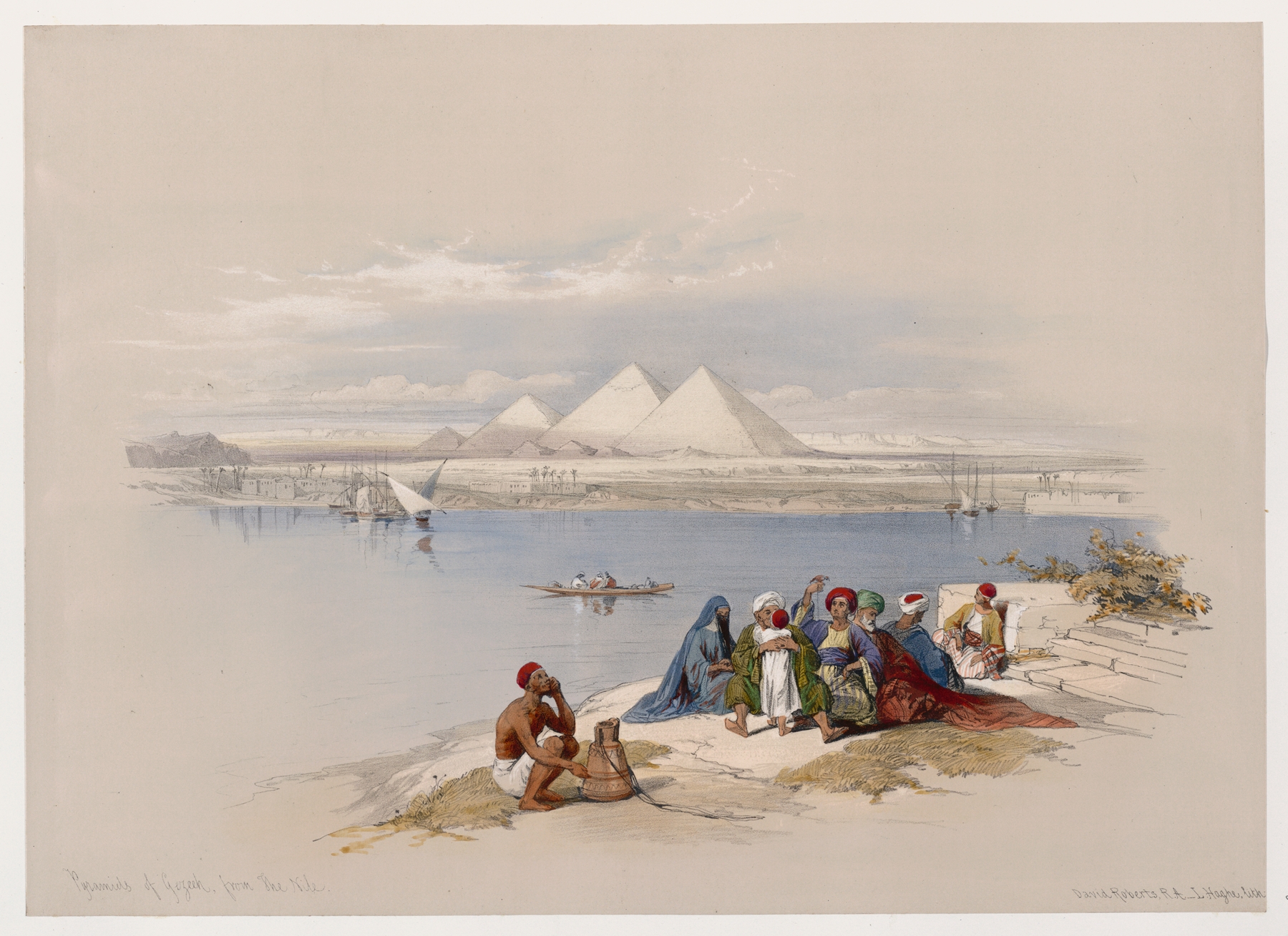 Pyramids of Gezeeh [Giza], from the Nile., by David Roberts, public domain