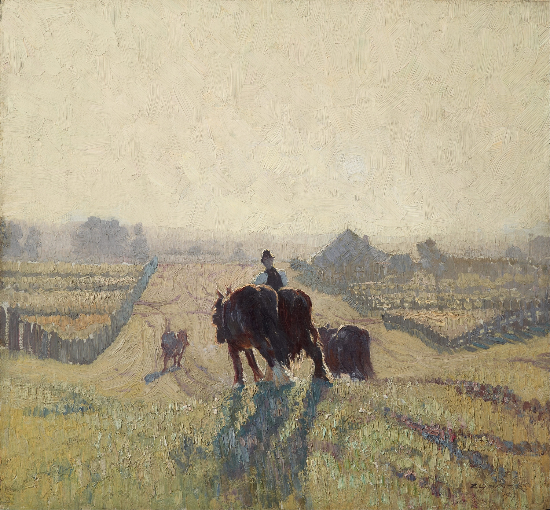 Frosty Sunrise by Elioth Gruner, oil on canvas depicting a tranquil winter landscape.
