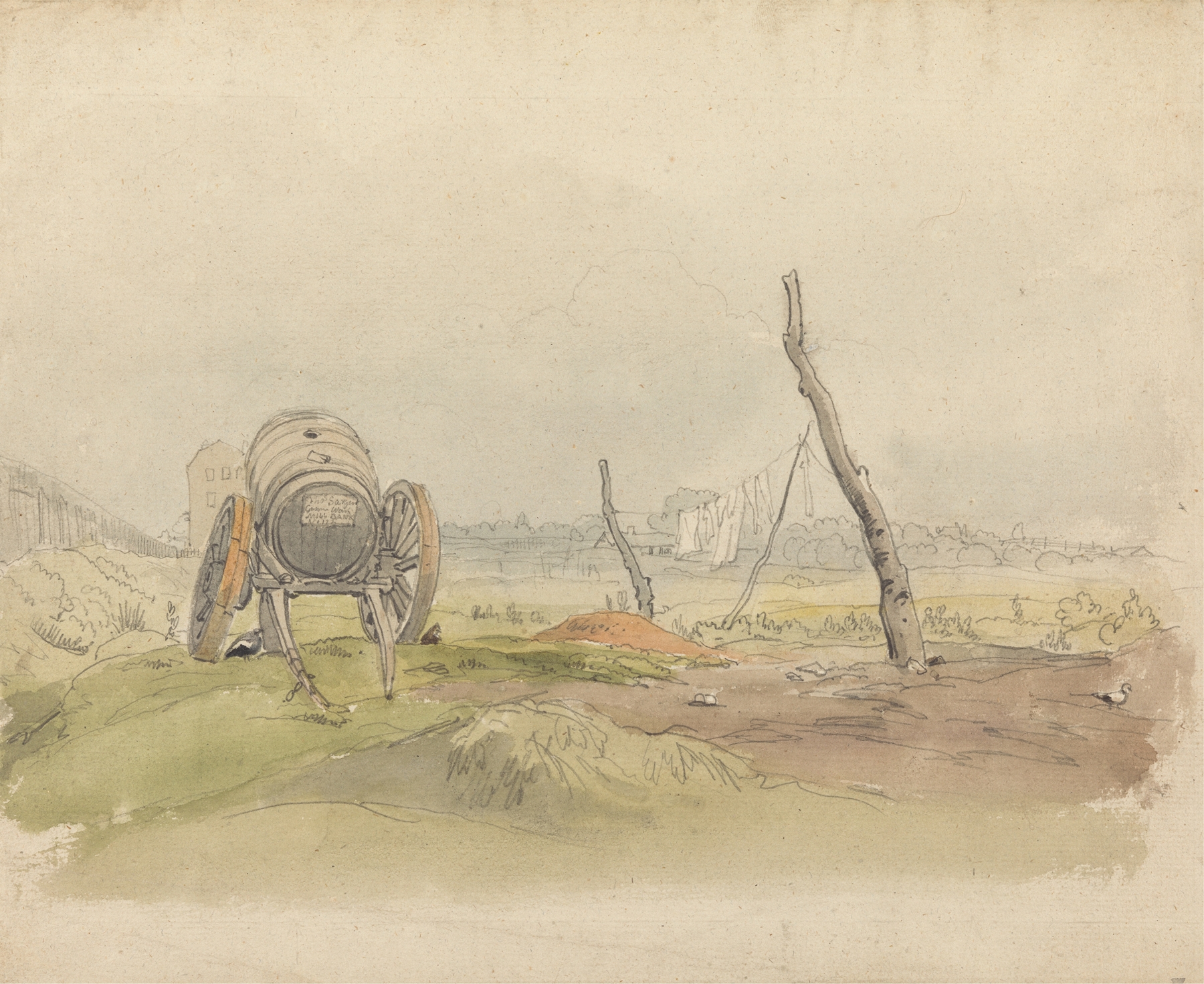 Landscape with Water Cart and Clothesline, watercolor on paper by Joshua Cristall