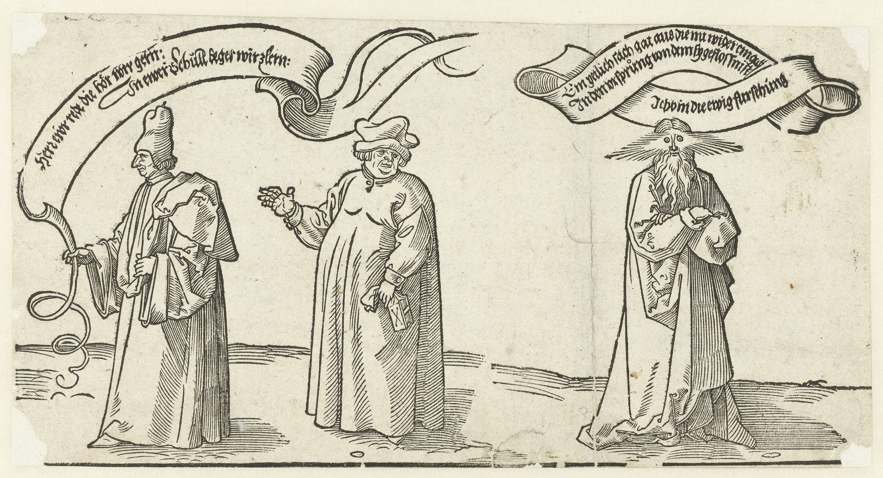 Etching by Albrecht Dürer depicting a teacher and a cleric, paper medium