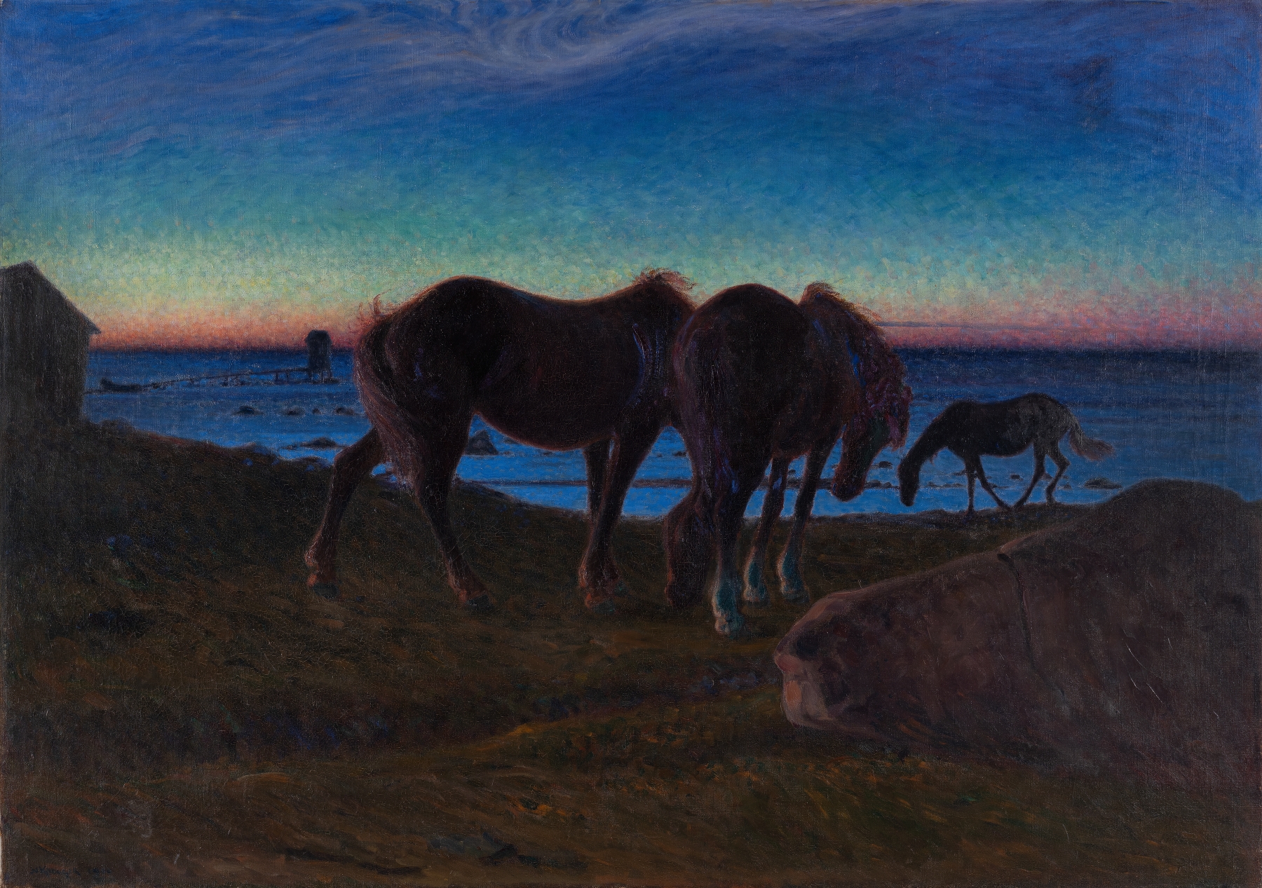 Grazing by the Shore, oil painting by Nils Kreuger depicting a serene shoreline with waves and grass.