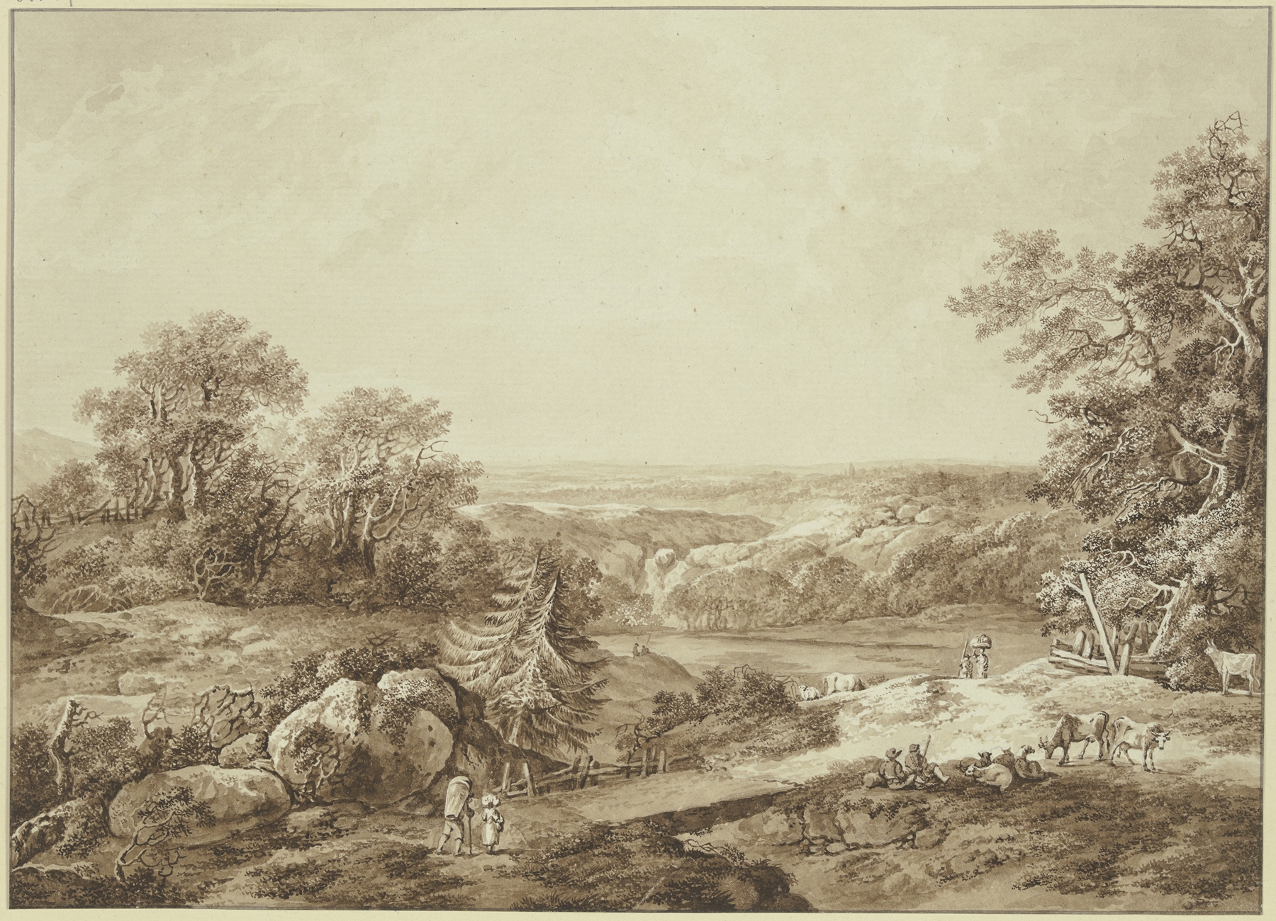 Landscape with shepherds and farmers, oil on canvas by Johann Heinrich Wüest