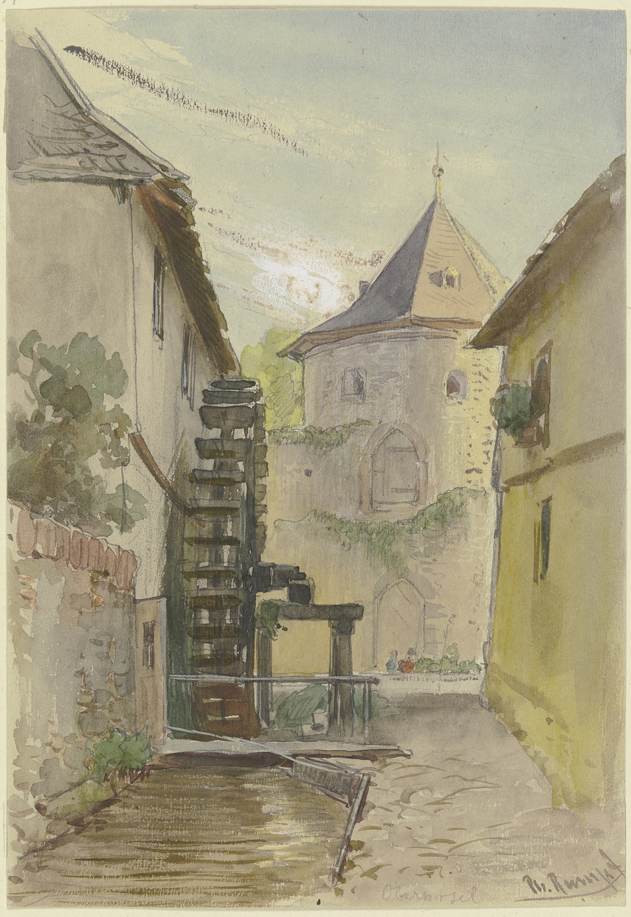 Gässchen mit Rückseite einer Mühle by Philipp Rumpf, oil on canvas depicting a village scene with a mill.