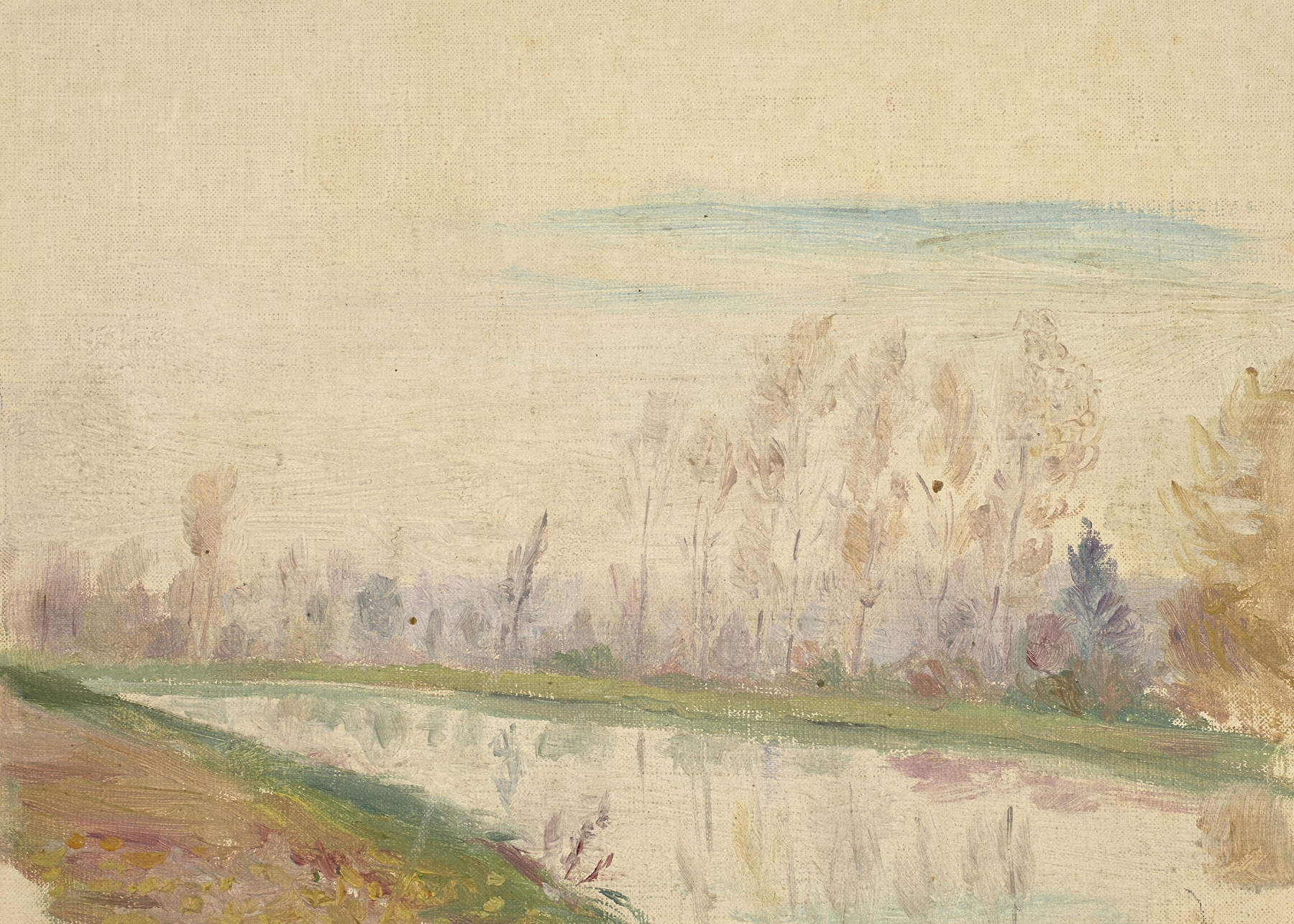 Paysage fluvial by Jeanne Jegou-Cadart, oil on canvas depicting a serene river landscape