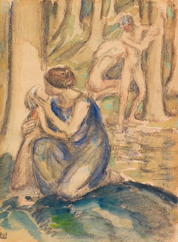 A painting depicting bathers in a forest lake setting.