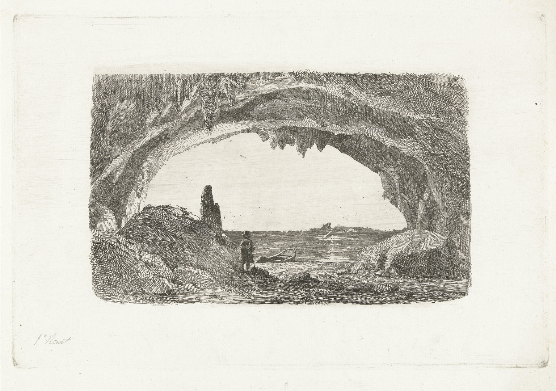 Rowboat navigating through dark caves, oil painting by Pierre Louis Dubourcq