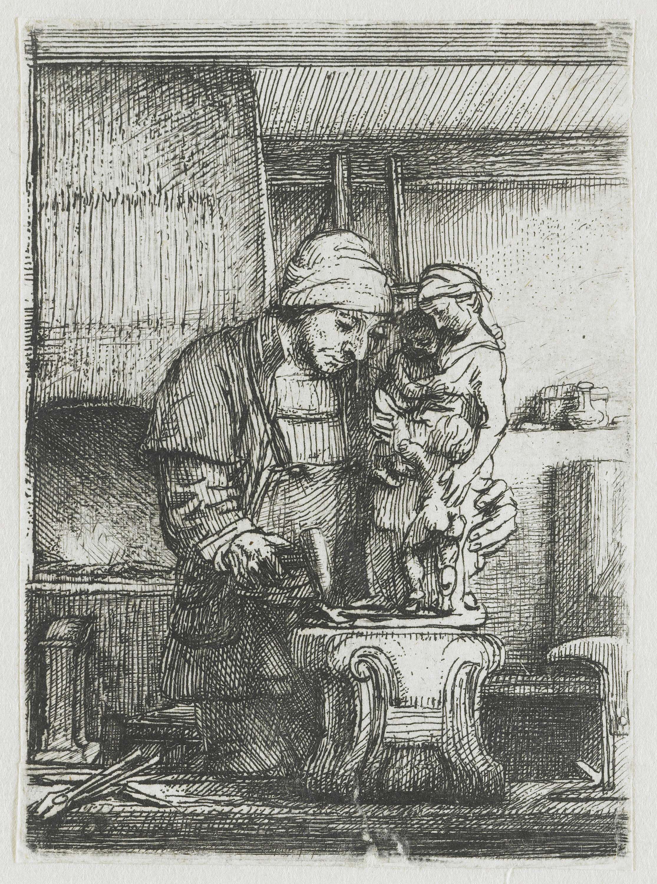 Etching by Rembrandt van Rijn depicting figures and light in The Goldsmith.