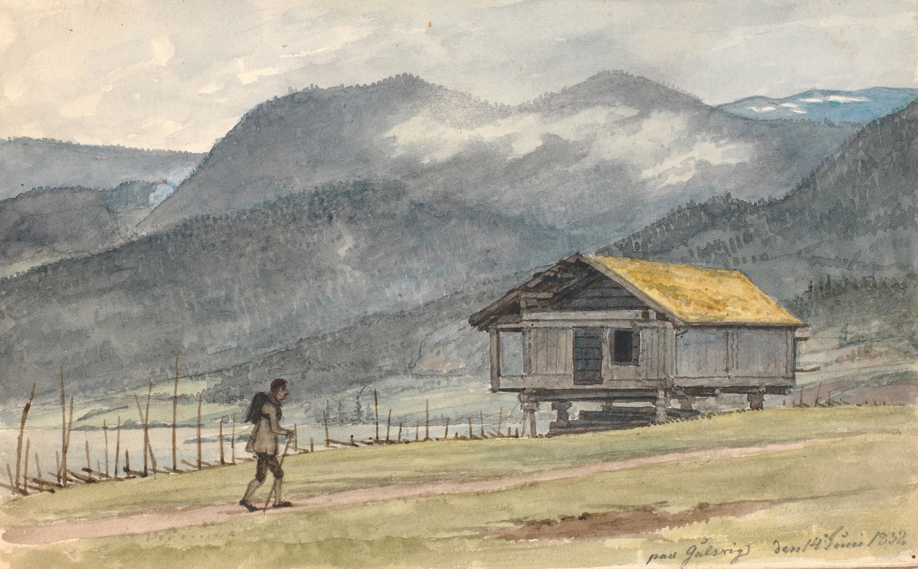 Fjeldlandskab med hytte og vandrer, by Martinus Rørbye, public domain