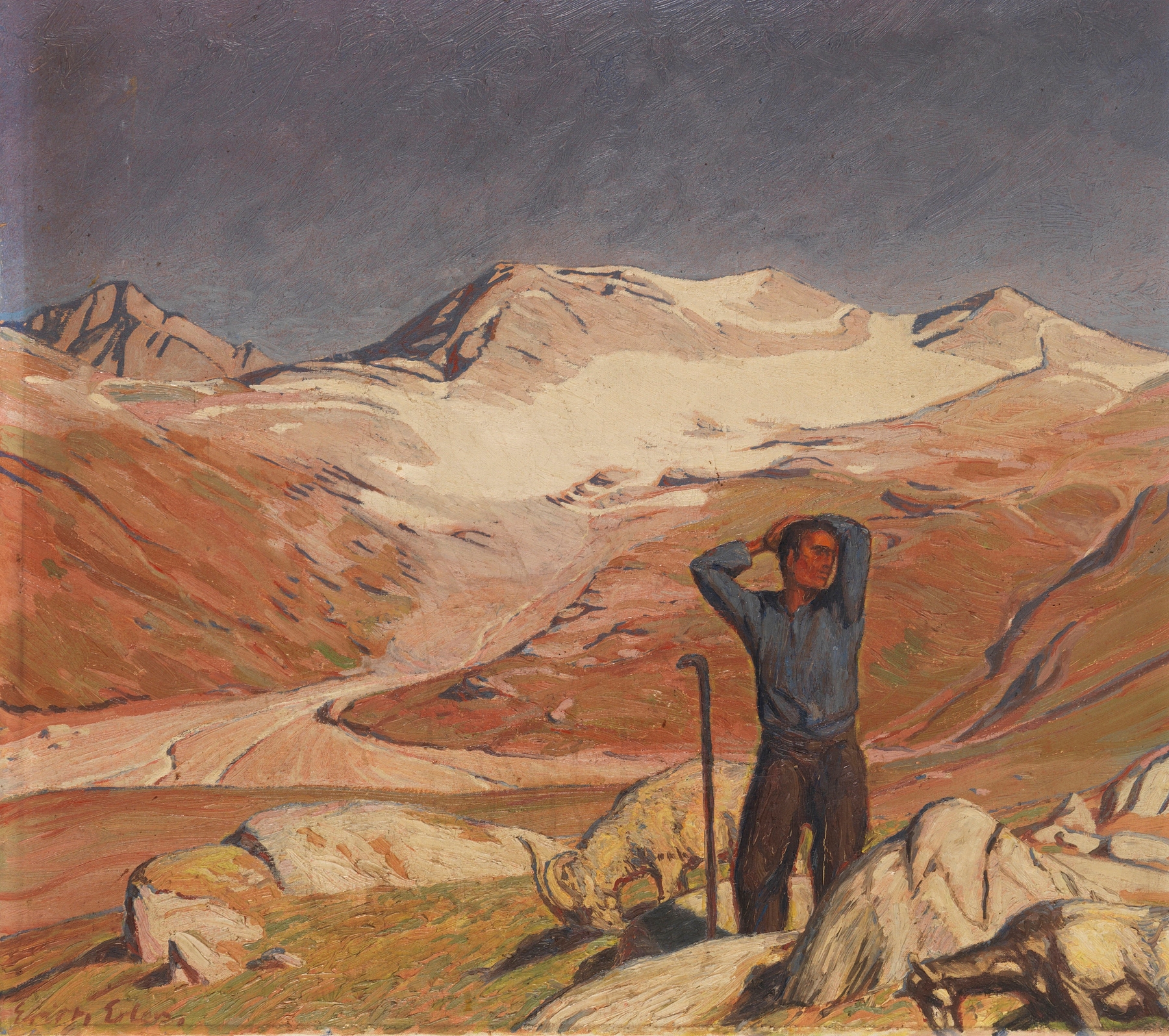 Landscape of spring with rolling hills, oil on canvas by Erich Erler