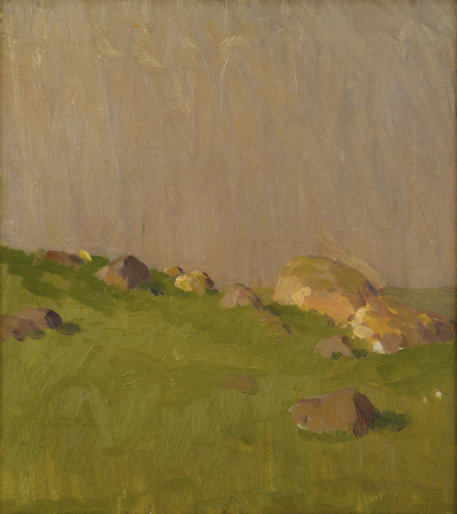 Pasture Boulders by William Langson Lathrop, oil on canvas depicting boulders in a rural landscape