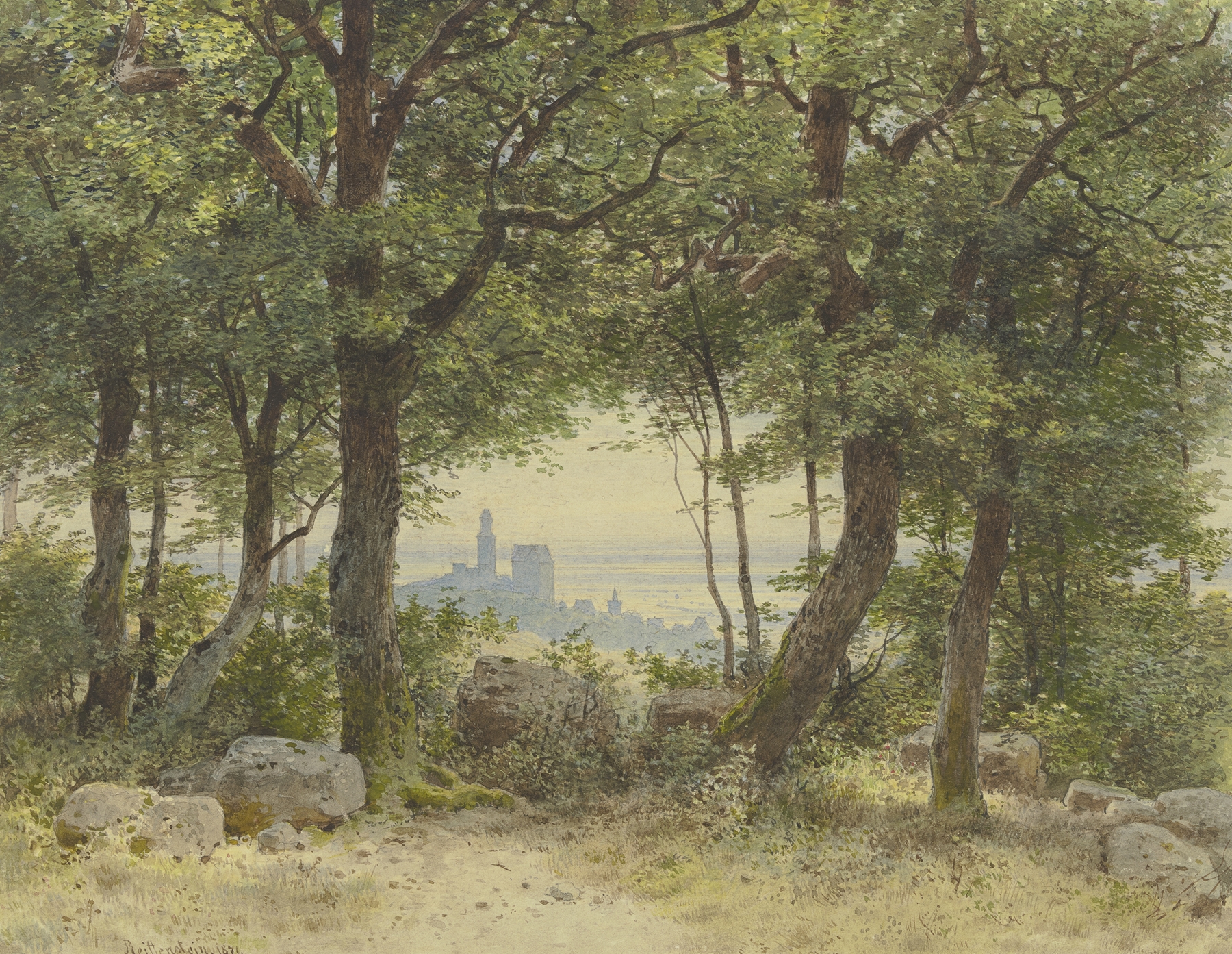 Landscape oil painting by Carl Theodor Reiffenstein featuring hills and clouds