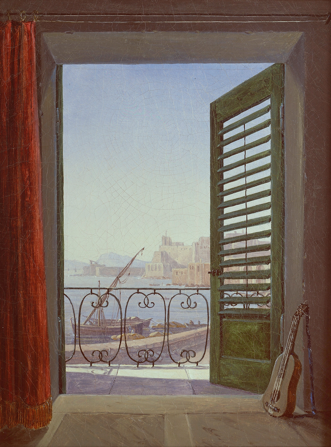 Balcony Room with a View of the Bay of Naples (via Santa Lucia and the Castel dell’Ovo), by Carl Gustav Carus, public domain