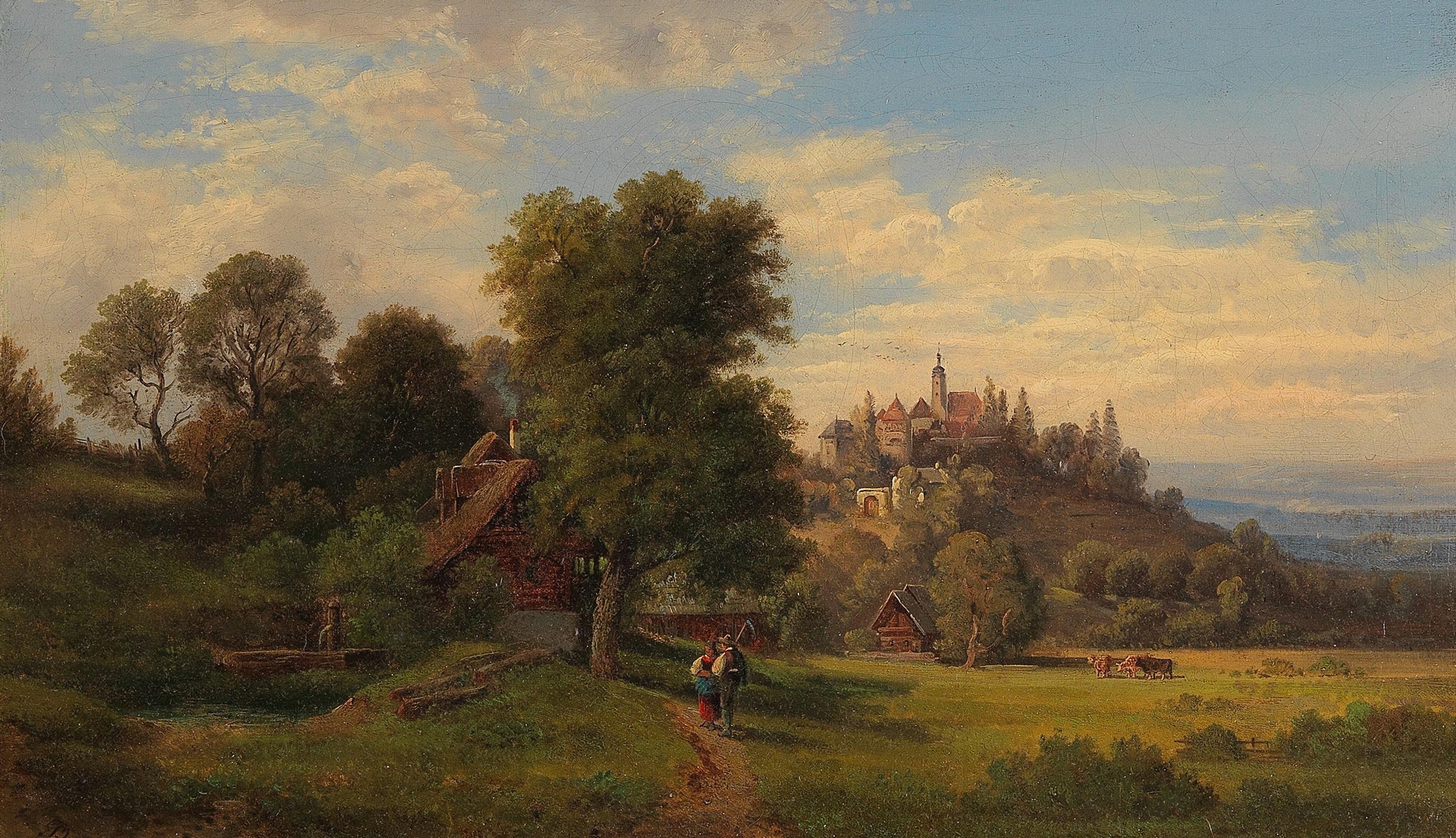 Schloss Hollenegg by Gustav Barbarini, oil painting depicting a castle with golden light and clouds.