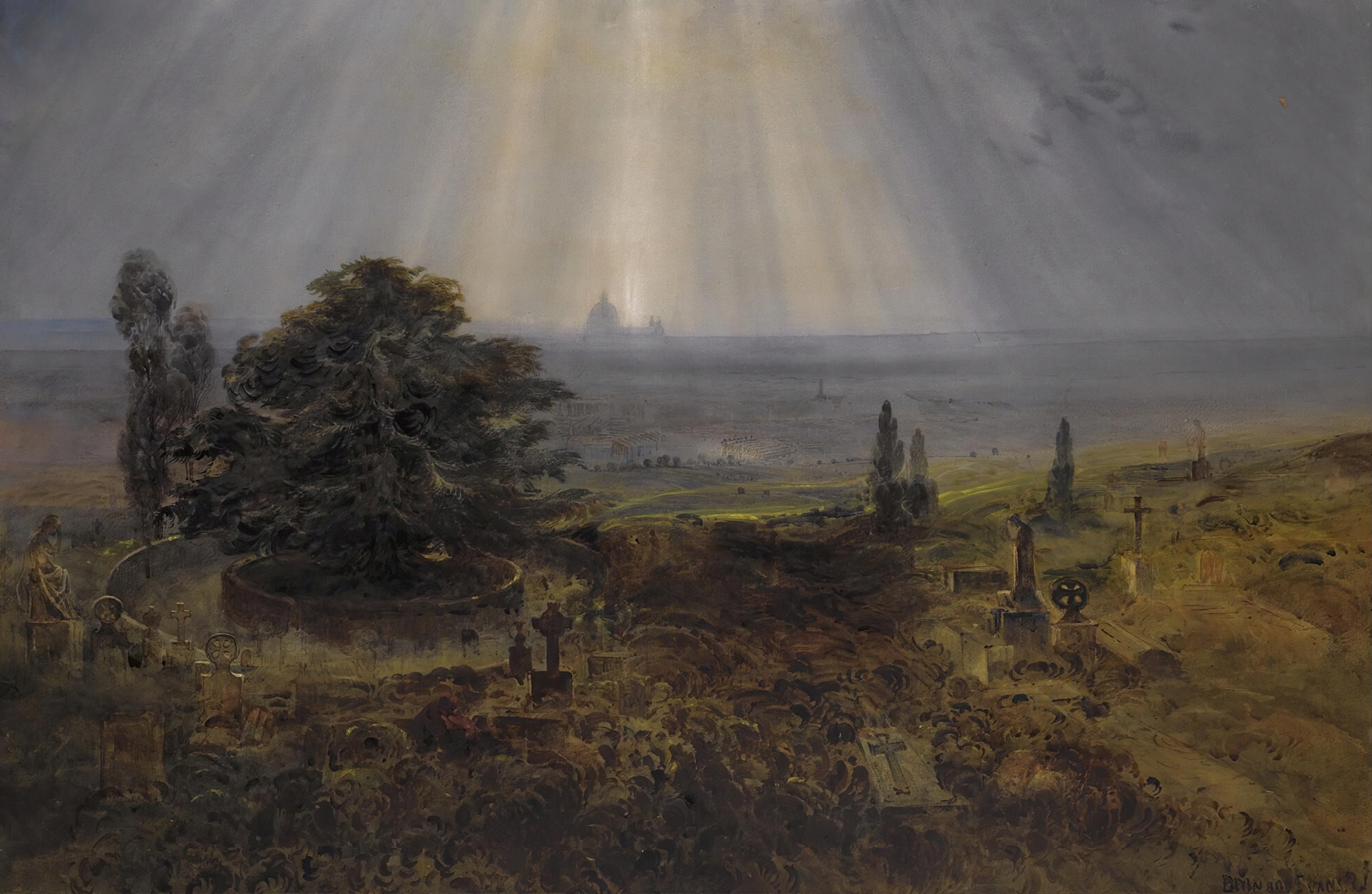 Landscape of London featuring St. Paul’s Cathedral, oil on canvas by Bernard Walter Evans