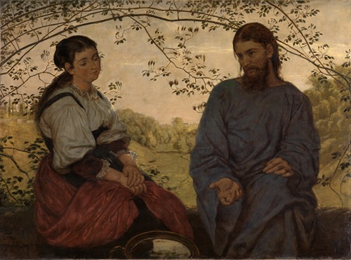 This painting depicts Christ speaking with a Samaritan woman at a well.