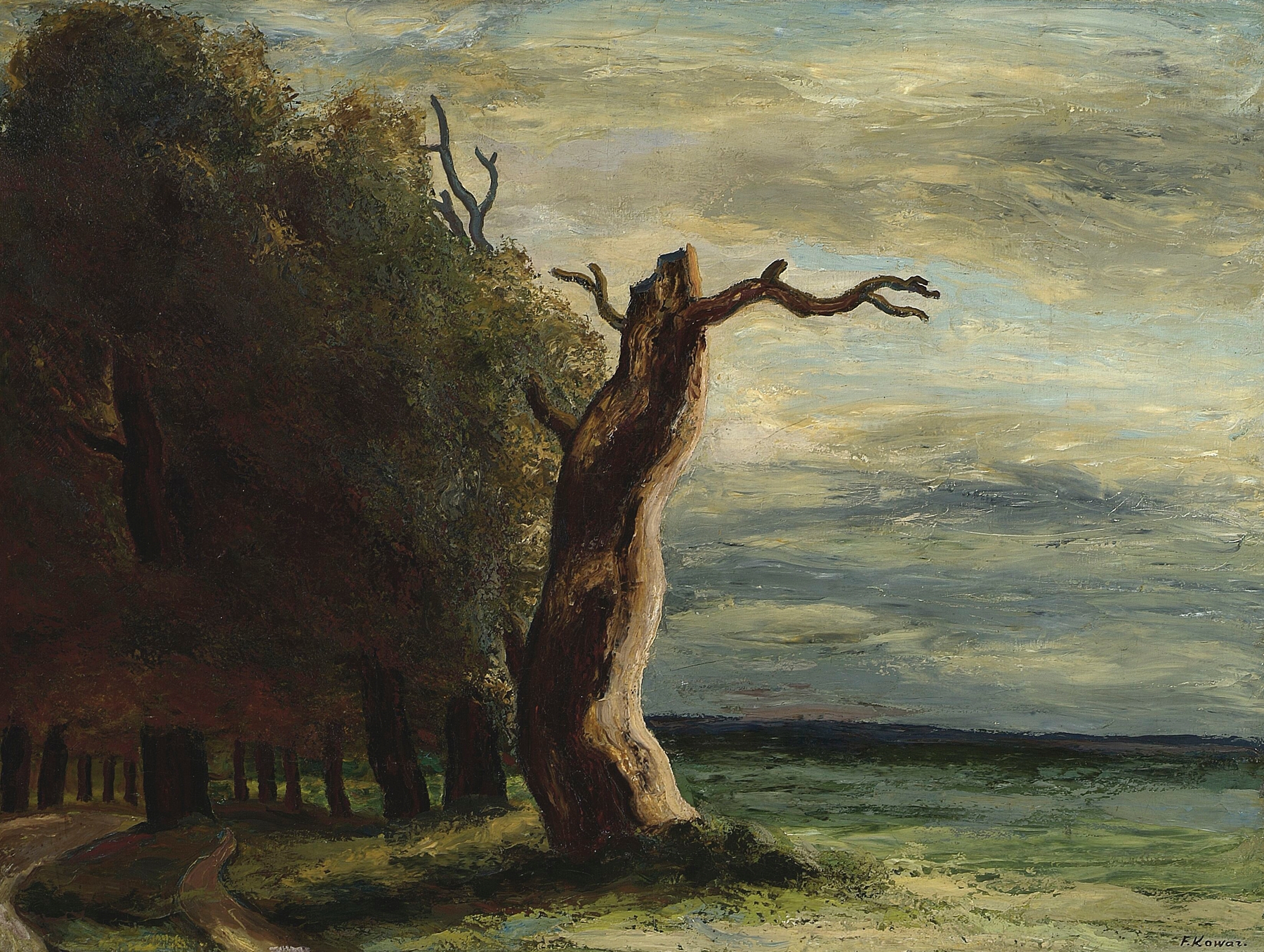 Wilanów landscape by Felicjan Szczęsny Kowarski, depicting a dry tree in an expressive style