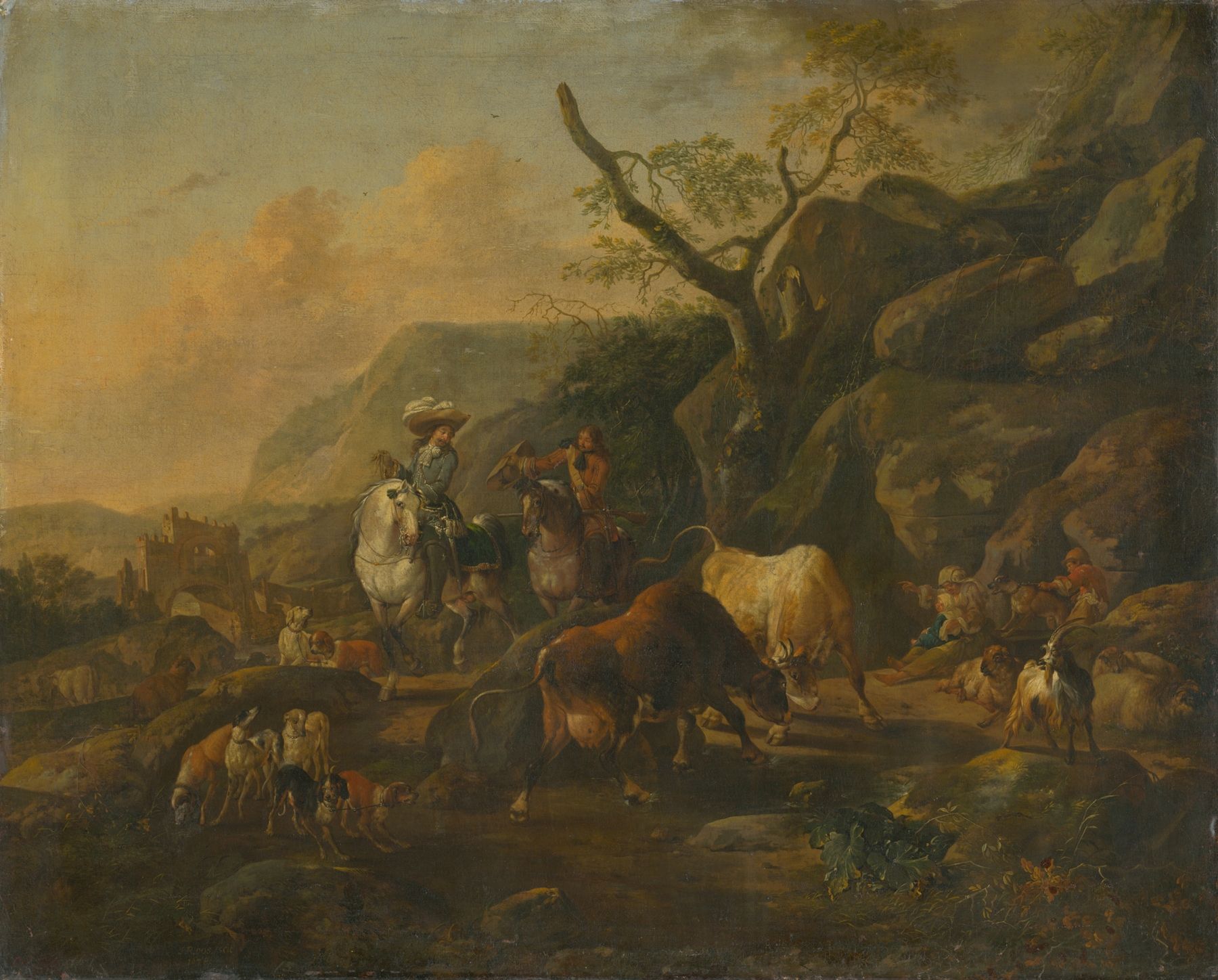 Landscape with Hunters by Johann Heinrich Roos, oil painting depicting a forest scene.