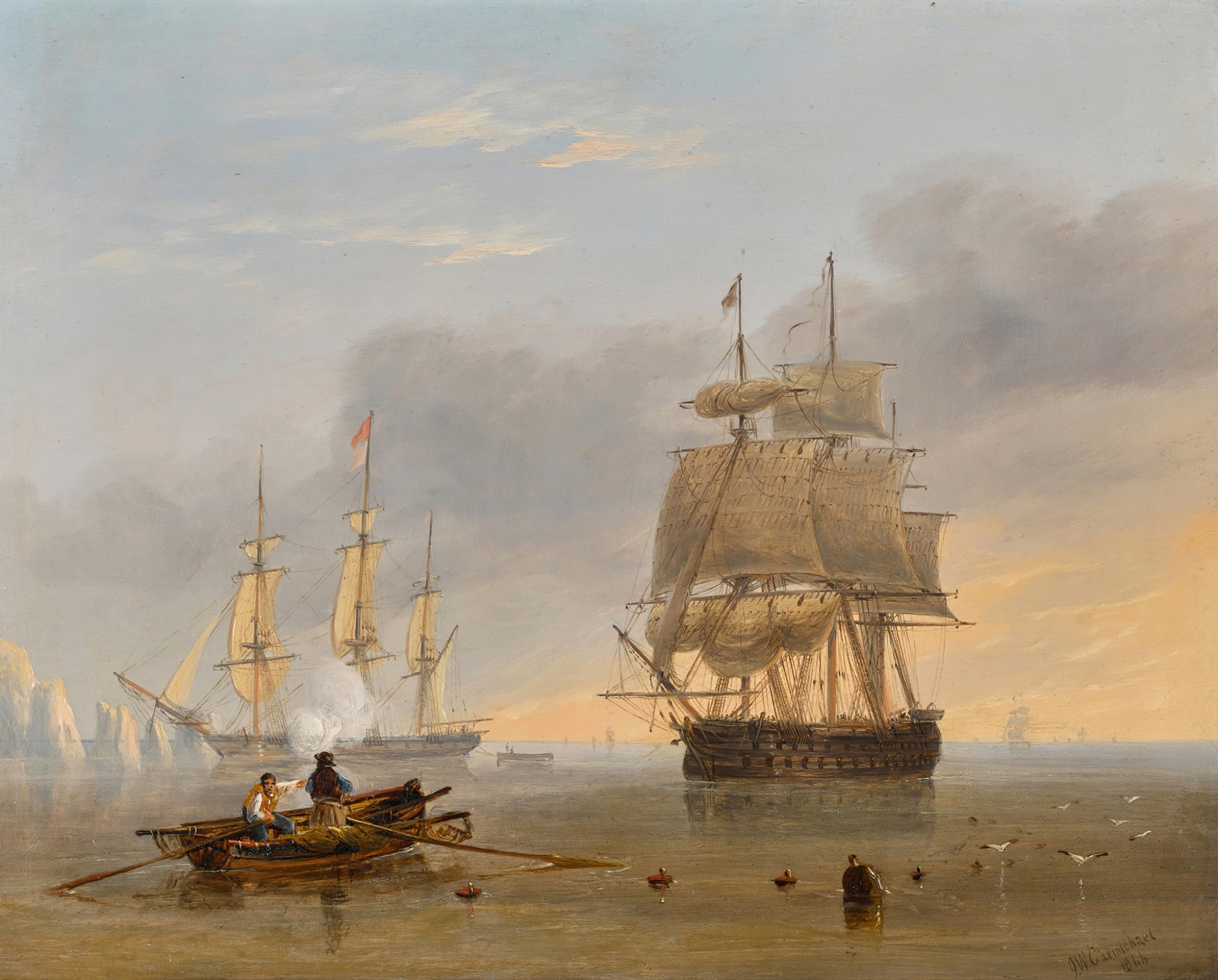 A British Man of War off the Needles, Isle of Wight by John Wilson Carmichael, oil painting of a majestic ship.