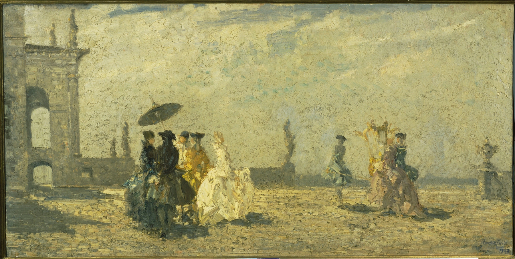 Two women seated by a lake in an impressionist style by Emma Ciardi