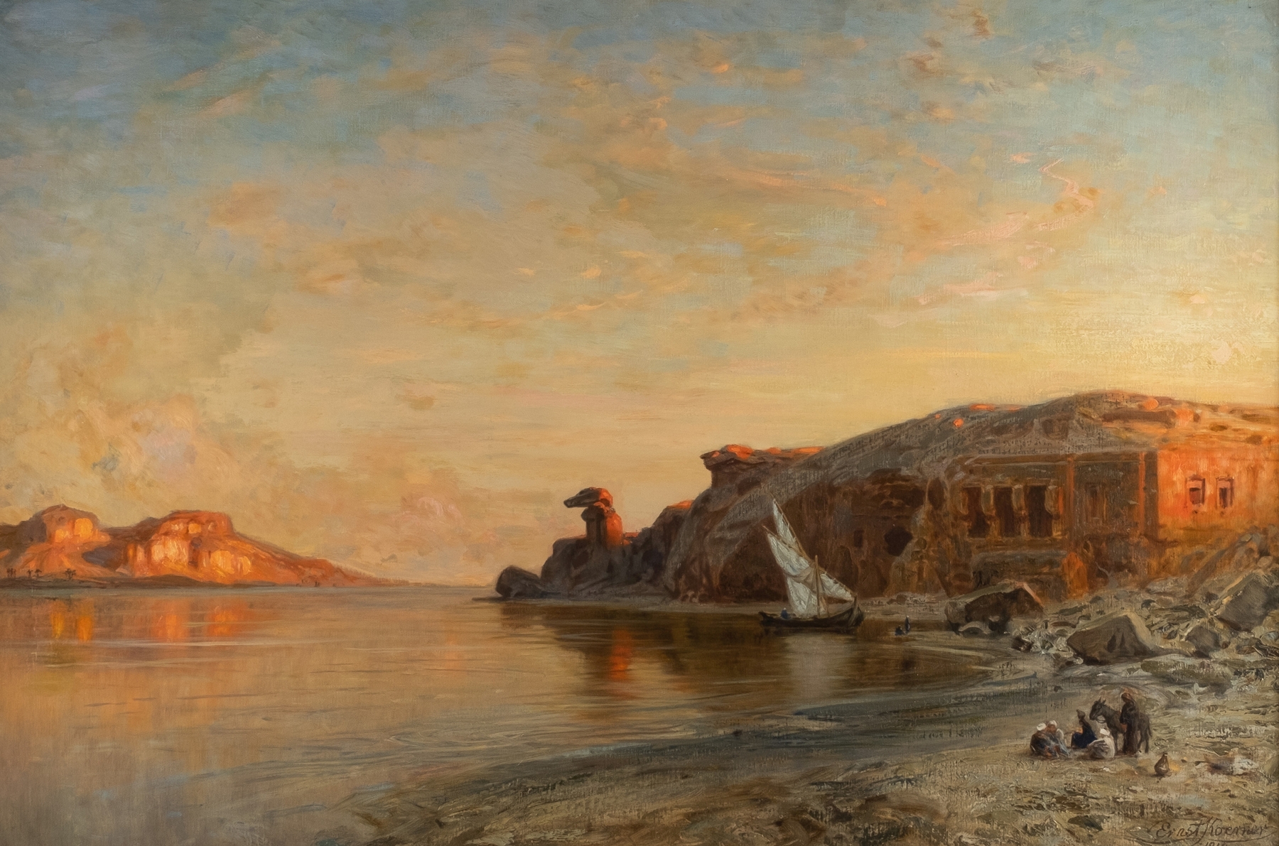 Evening in Egypt by the Nile at Gebel es-Silsila, oil on canvas by Ernest Karl Eugen Koerner