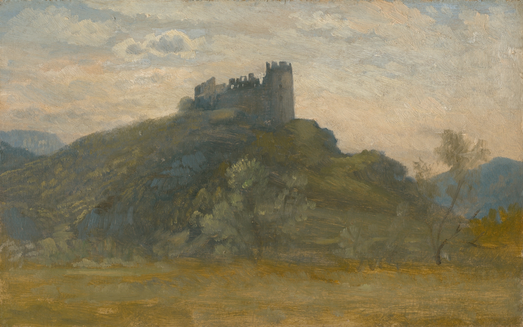 Ruins of the Šášov Castle by Vojtech Angyal, oil painting of crumbling walls against a vast sky.