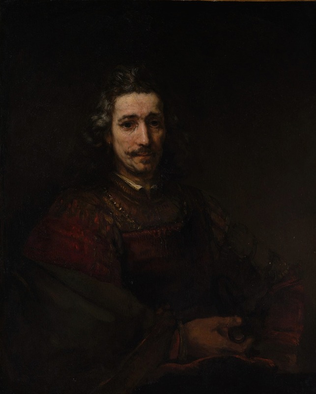 A man examines a small object with a magnifying glass in this painting by Rembrandt.