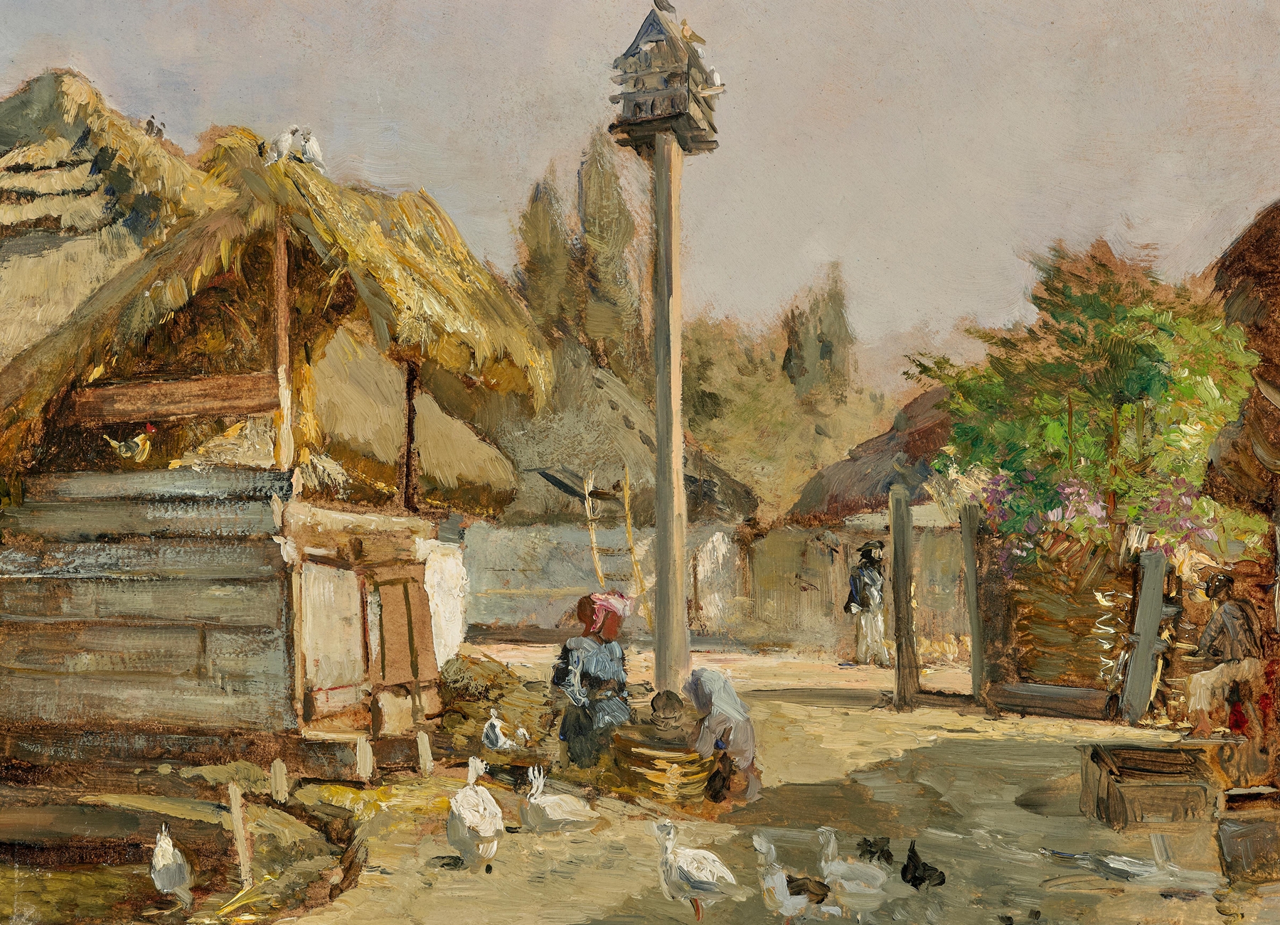 A farmyard scene with geese and chickens, oil painting by Marie Egner