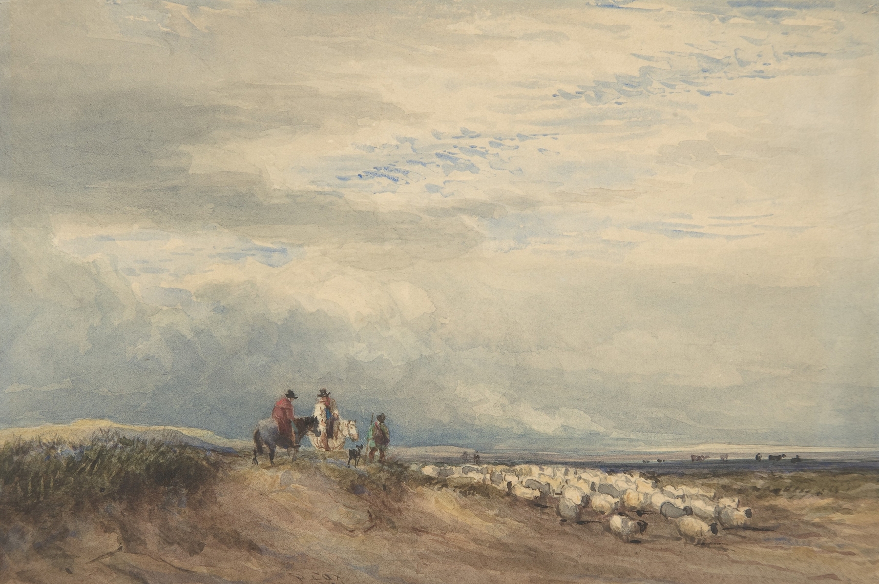 Riders with sheep near an estuary, oil painting by David Cox