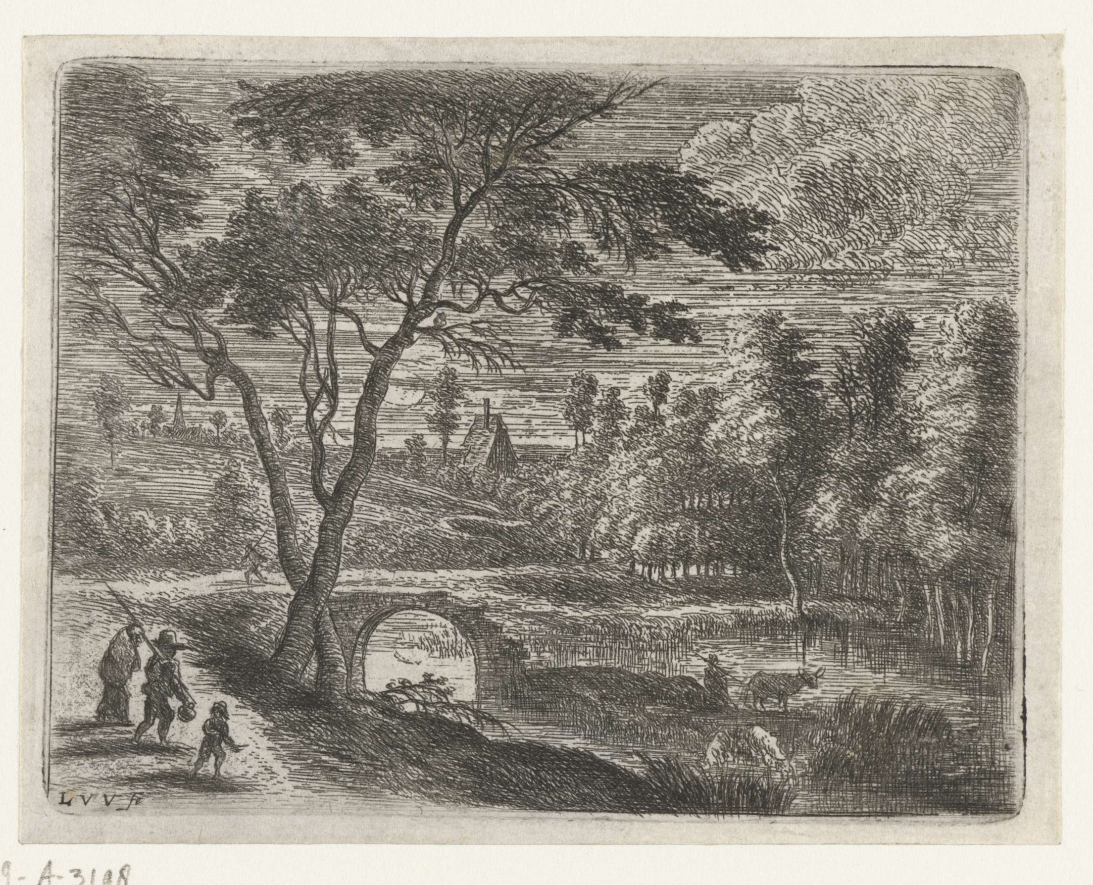 Landschap met een ruïne van een brug, etching by Lucas van Uden