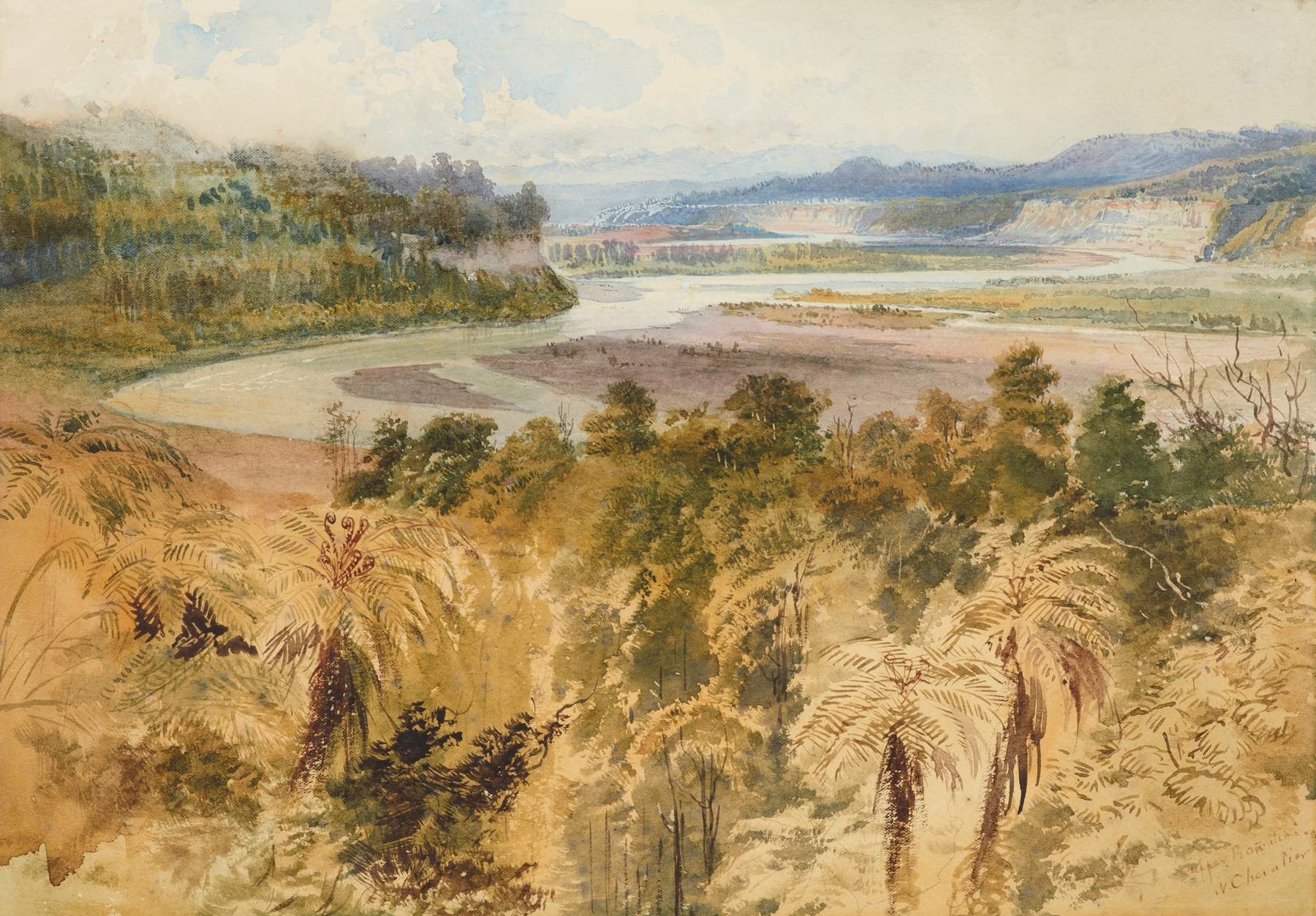 The Upper Rangitikei, oil on canvas by Nicholas Chevalier, depicting mountains and a river.