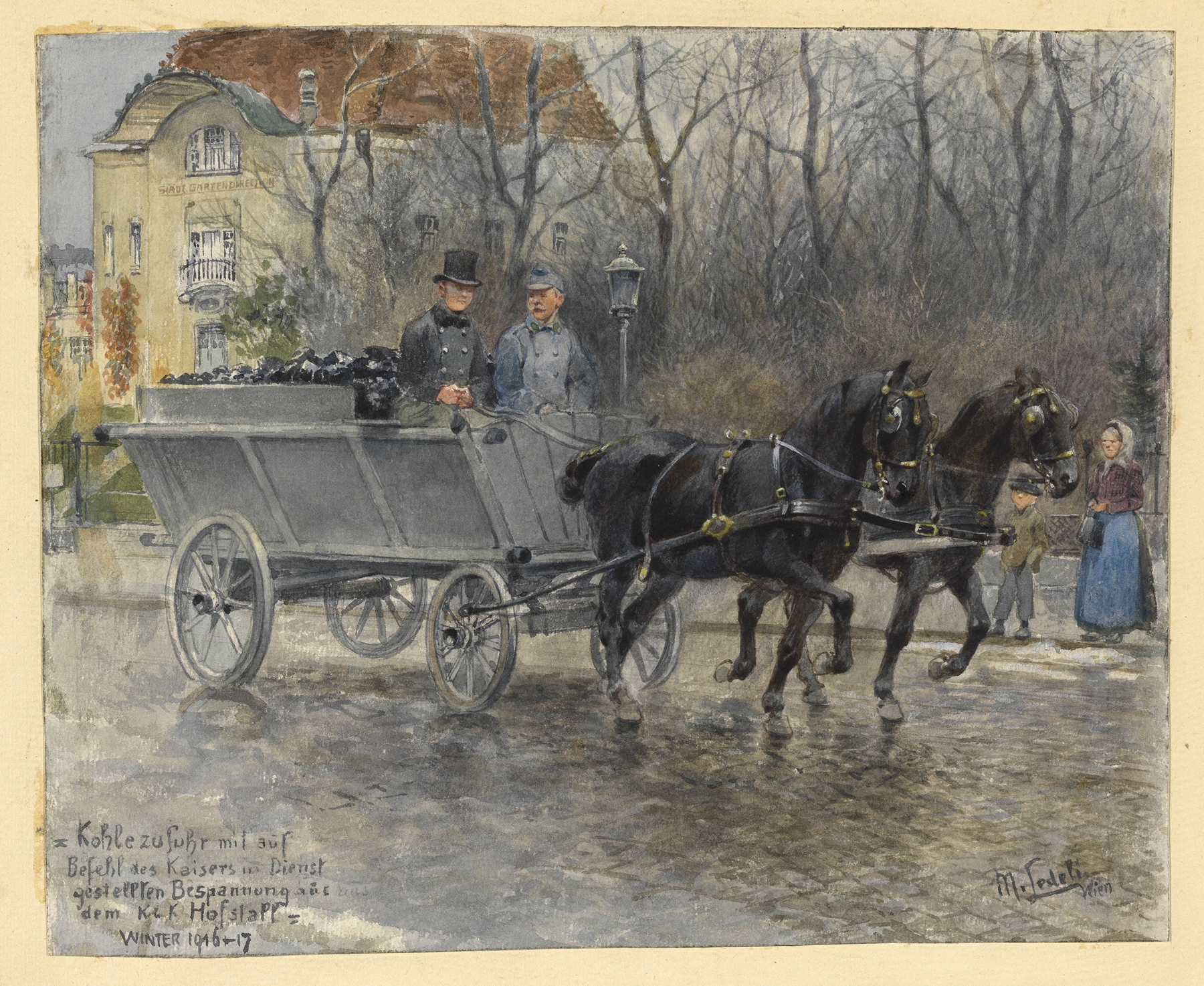 Realism artwork by Moritz Ledeli depicting horses in snow, 1917